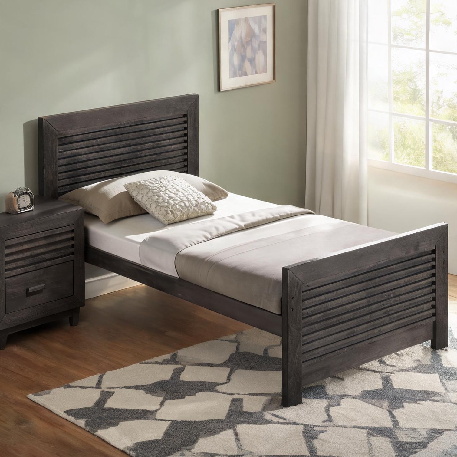 SunJet Twin Panel Headboard with Slat Design Rich Brown Solid Wood Transitional Style