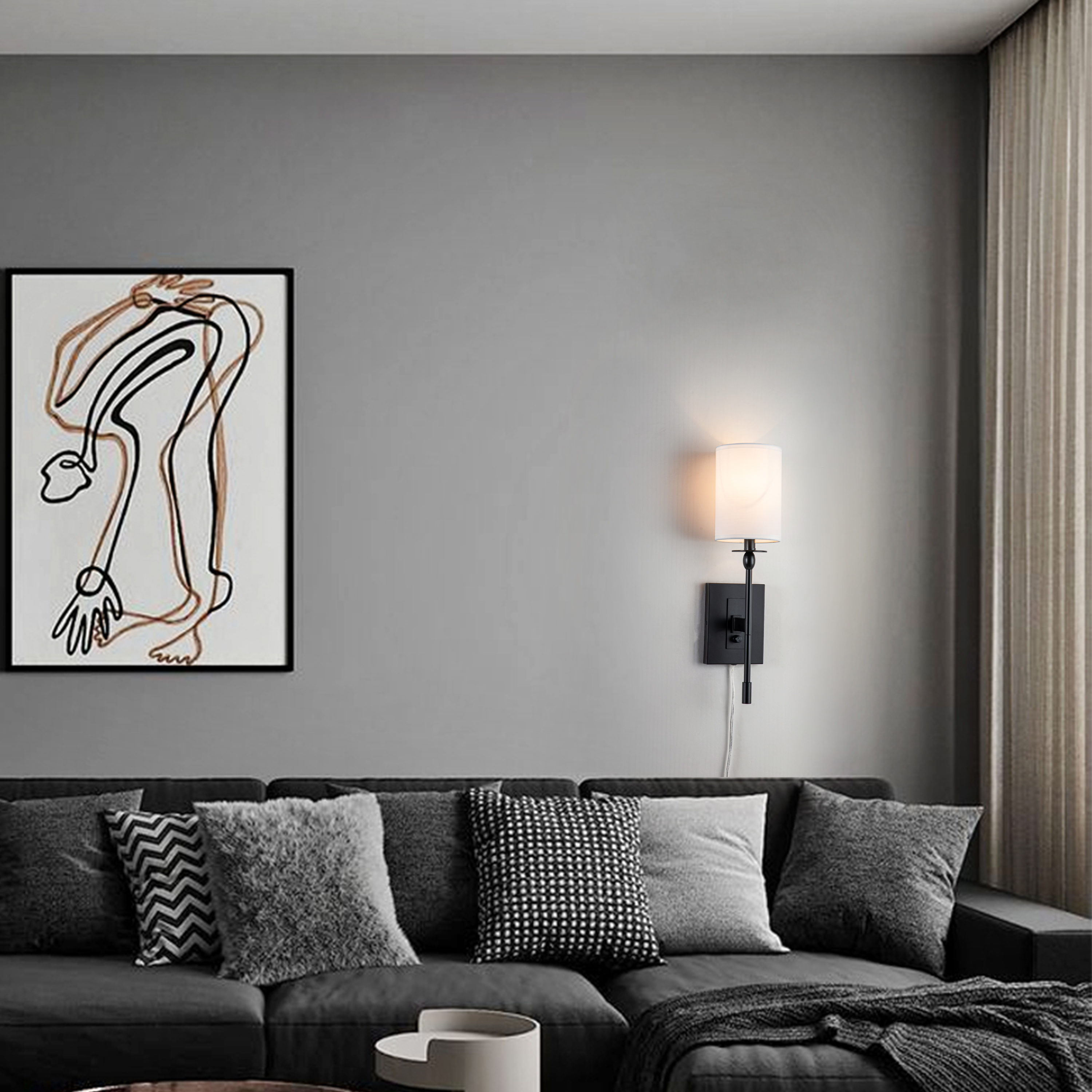 Black Metal Wall Sconce with White Fabric Shade