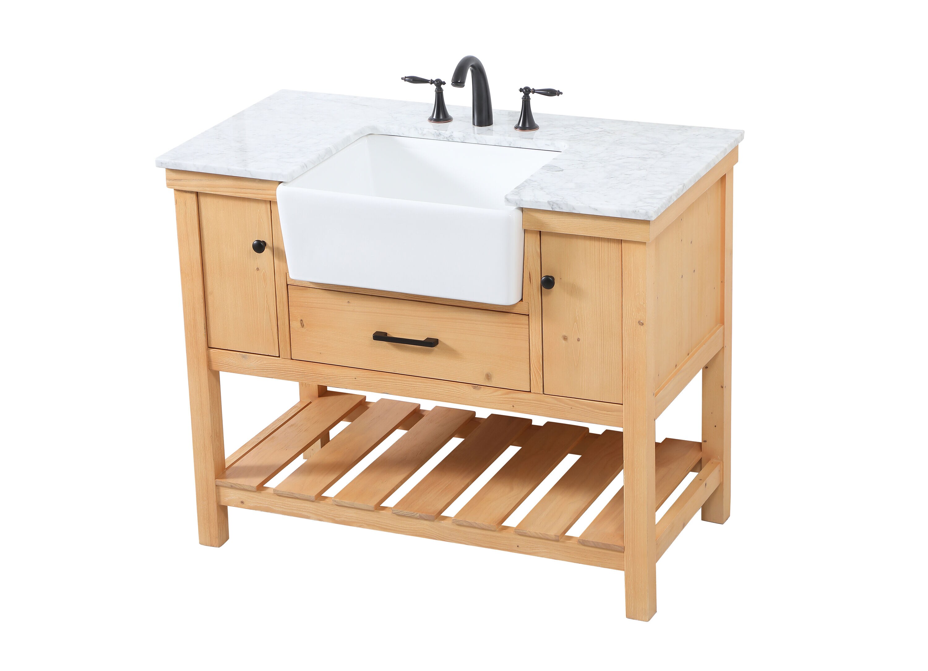 Natural Wood Single Sink Vanity with White Marble Top