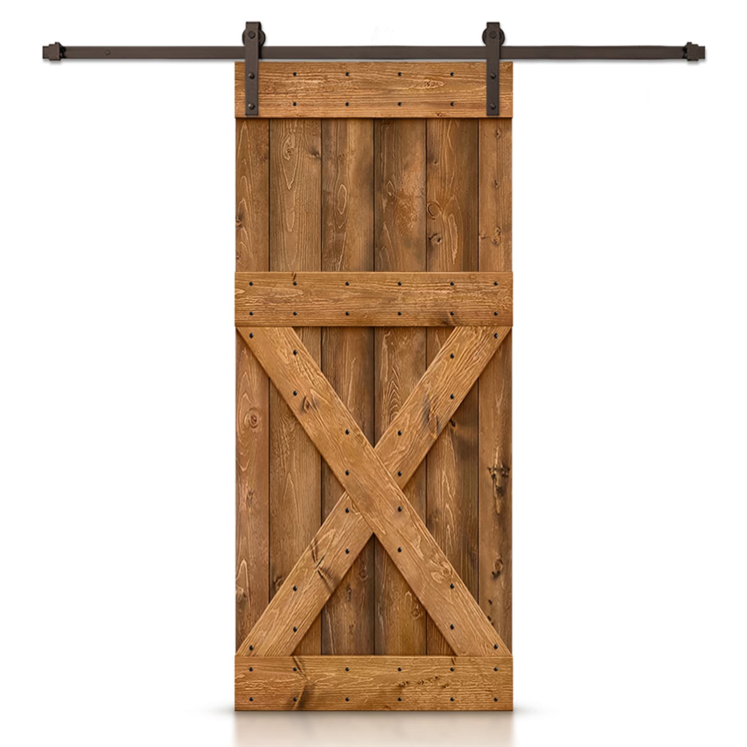 CALHOME SAB-96+DIY-DX-42BT 42-in x 84-in Walnut Stained Cross bar Pine Wood Hollow core Single Barn Door (Hardware Included)