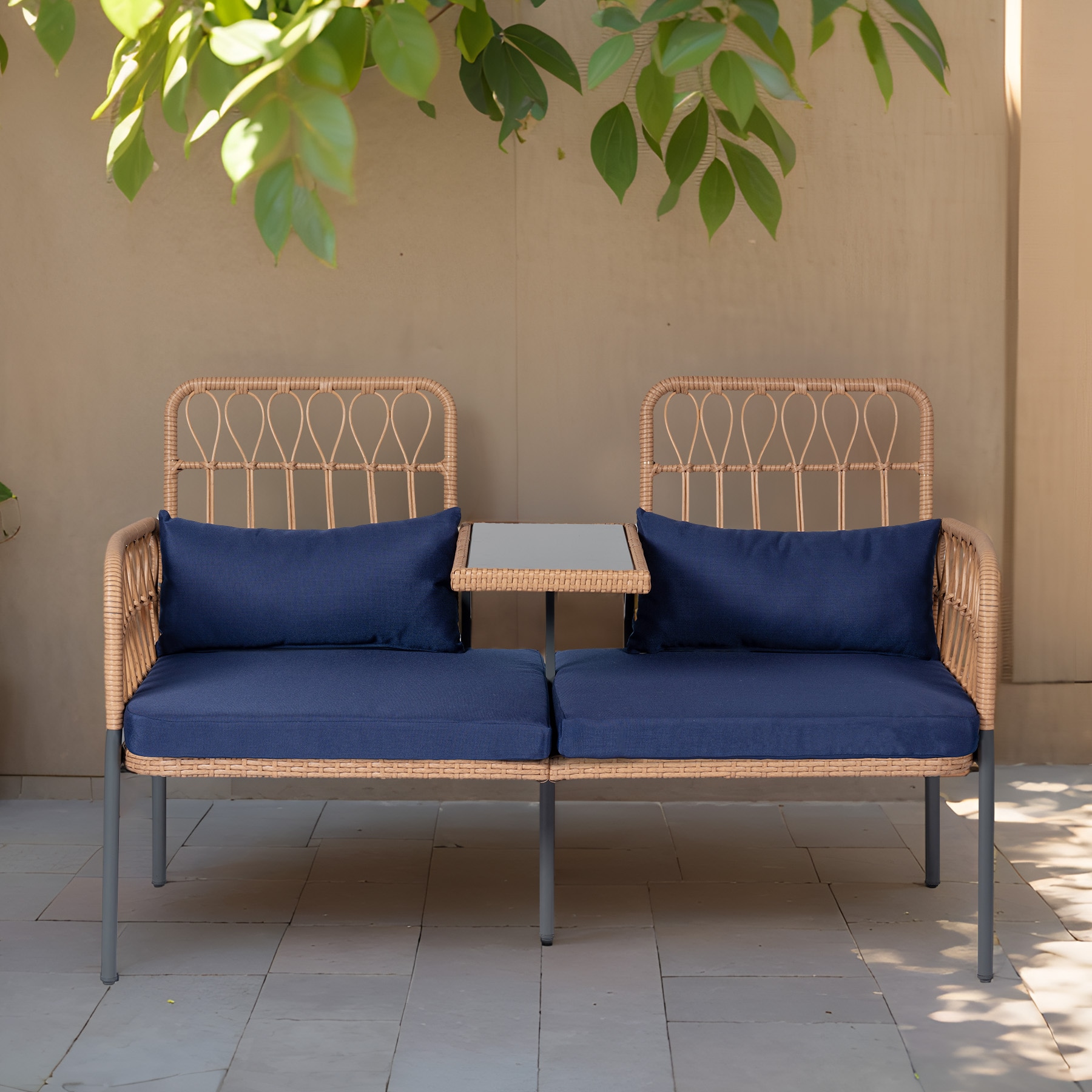 Grearden ZHST025-BL Rattan Patio Conversation Set with Blue Cushions