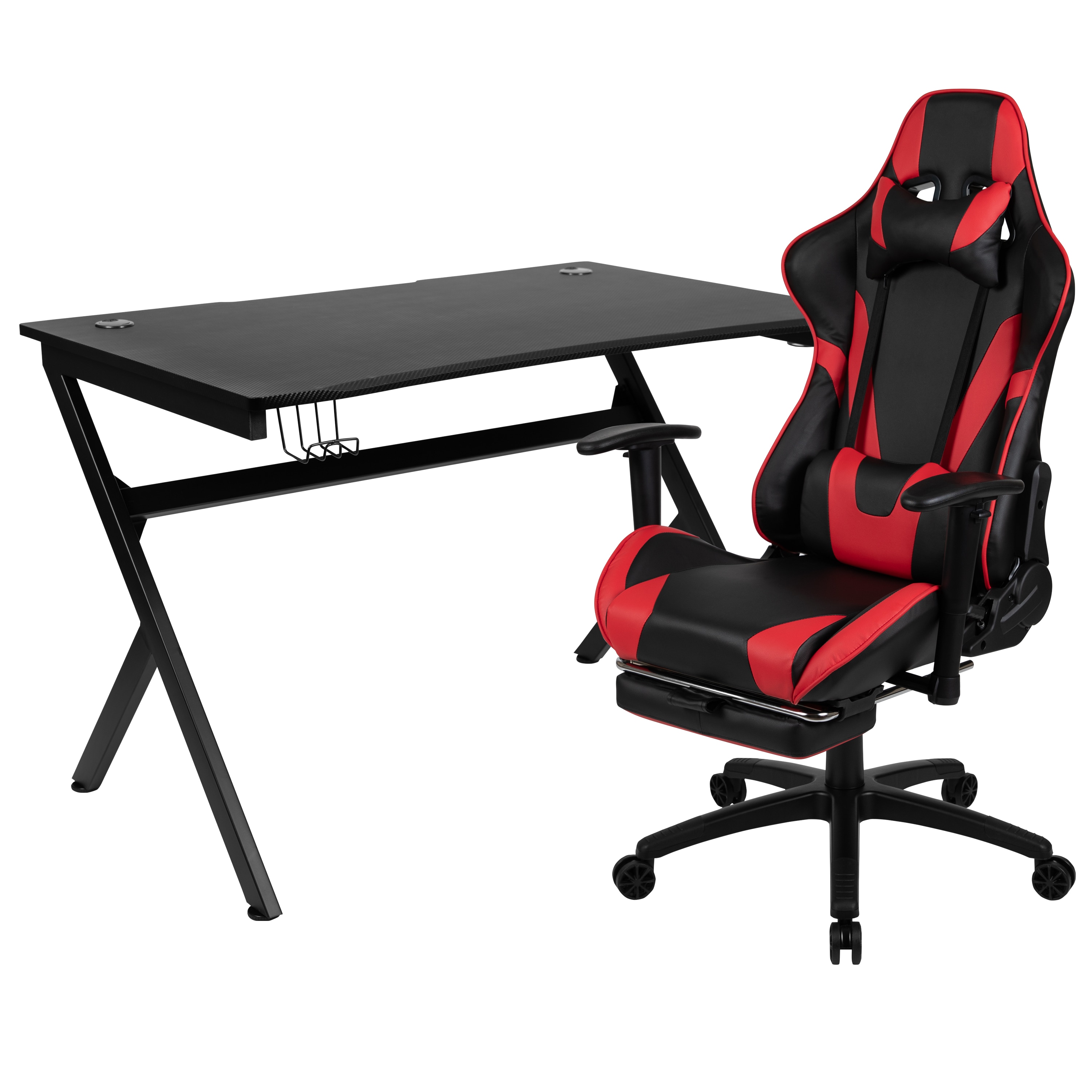 Emma + Oliver Black/Red Gaming Desk Set - Cup/Headset Holder/Reclining and Footrest #889142605409