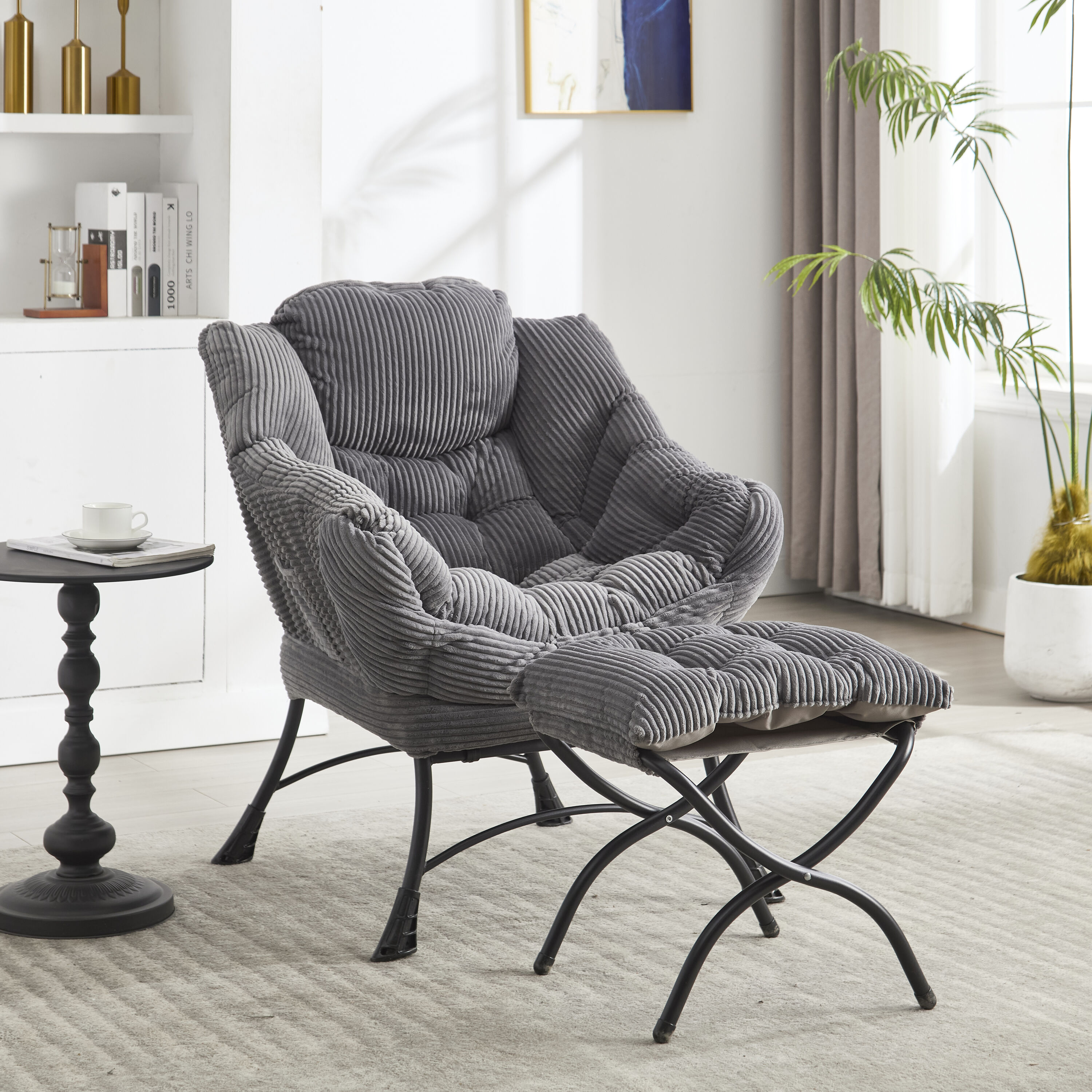 LOVMOR SF-Y-W640P271551 Lazy Chair with Ottoman Modern Lounge Accent Chair with Armrests and a Side Pocket Leisure Upholstered Sofa Chair Reading Chair with Footrest in Grey