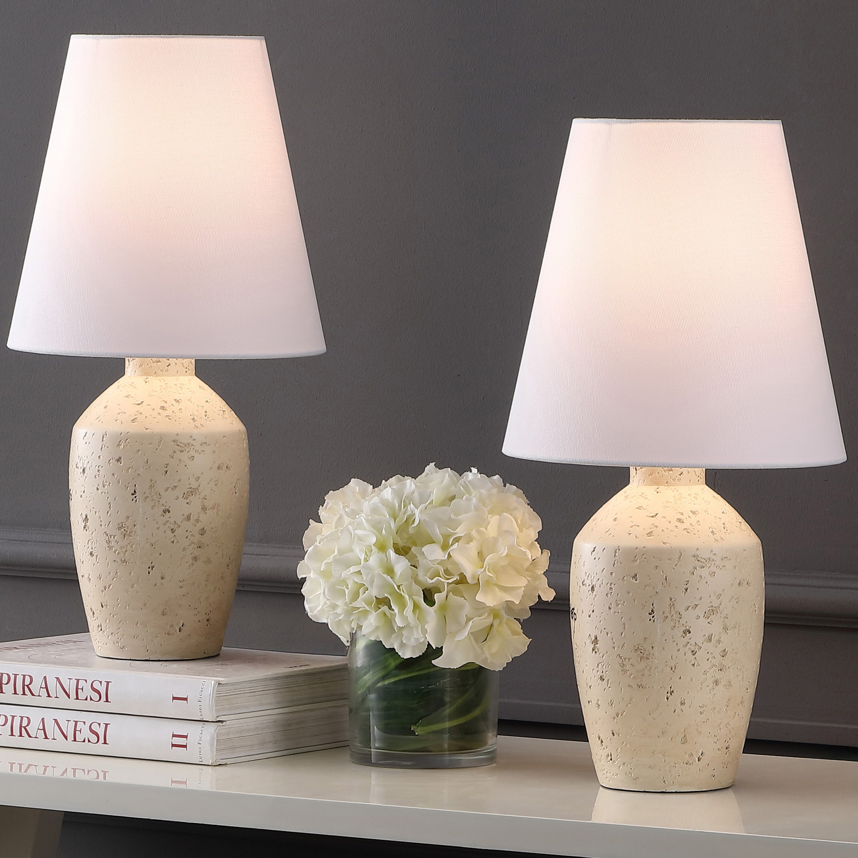 JONATHAN  Y JYL5605B-SET2 Xander Concrete Effect Resin/Iron Ginger Jar 19.25-in Matte Cream LED Rotary socket Table Lamp with Linen Shade 2 -Set