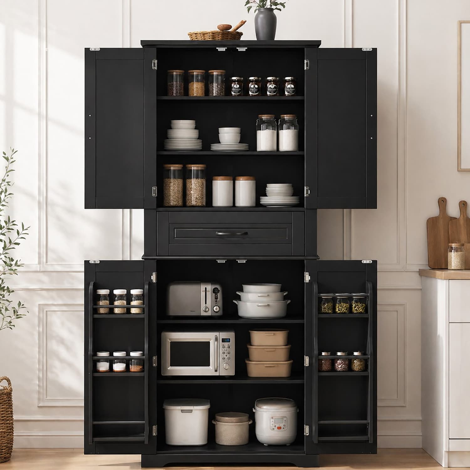 GZMR 72" Tall Kitchen Pantry Cabinet Contemporary/Modern Black Pantry