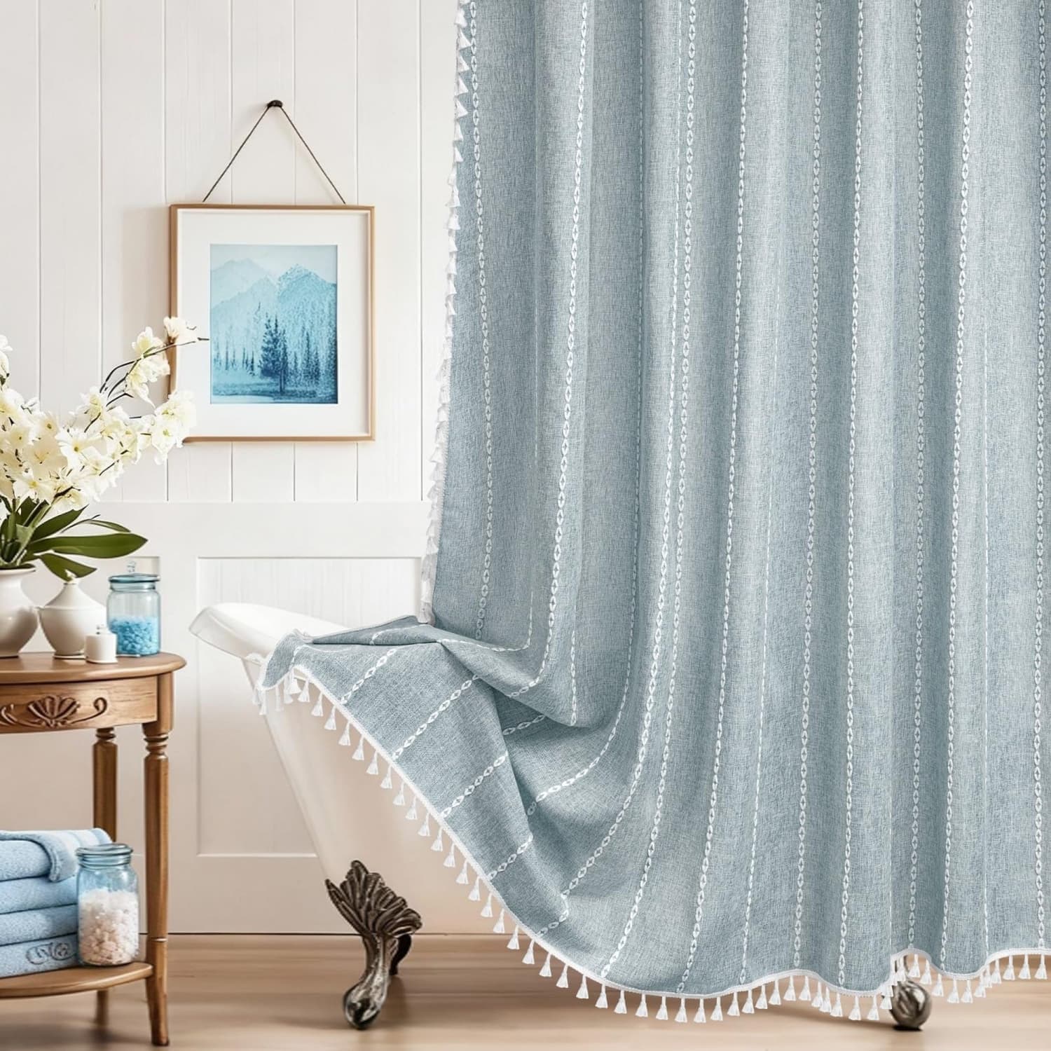 Angel Sar 72-in W x 72-in L Sky Blue Linen Blend Shower Curtain with Tassels for Bathroom