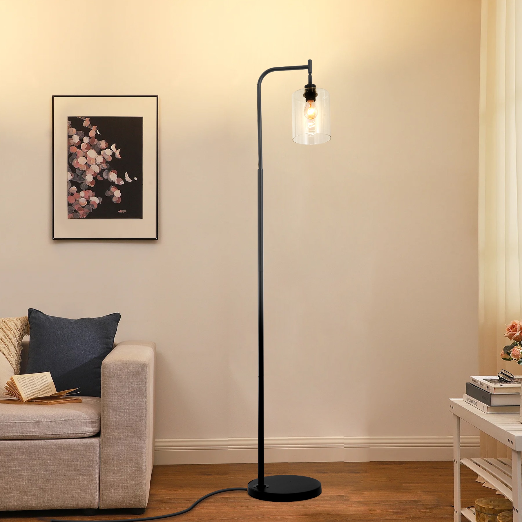 EFPERFECT - Soraida 71-inch Height Modern Black Arched Floor Lamp with Glass Shade