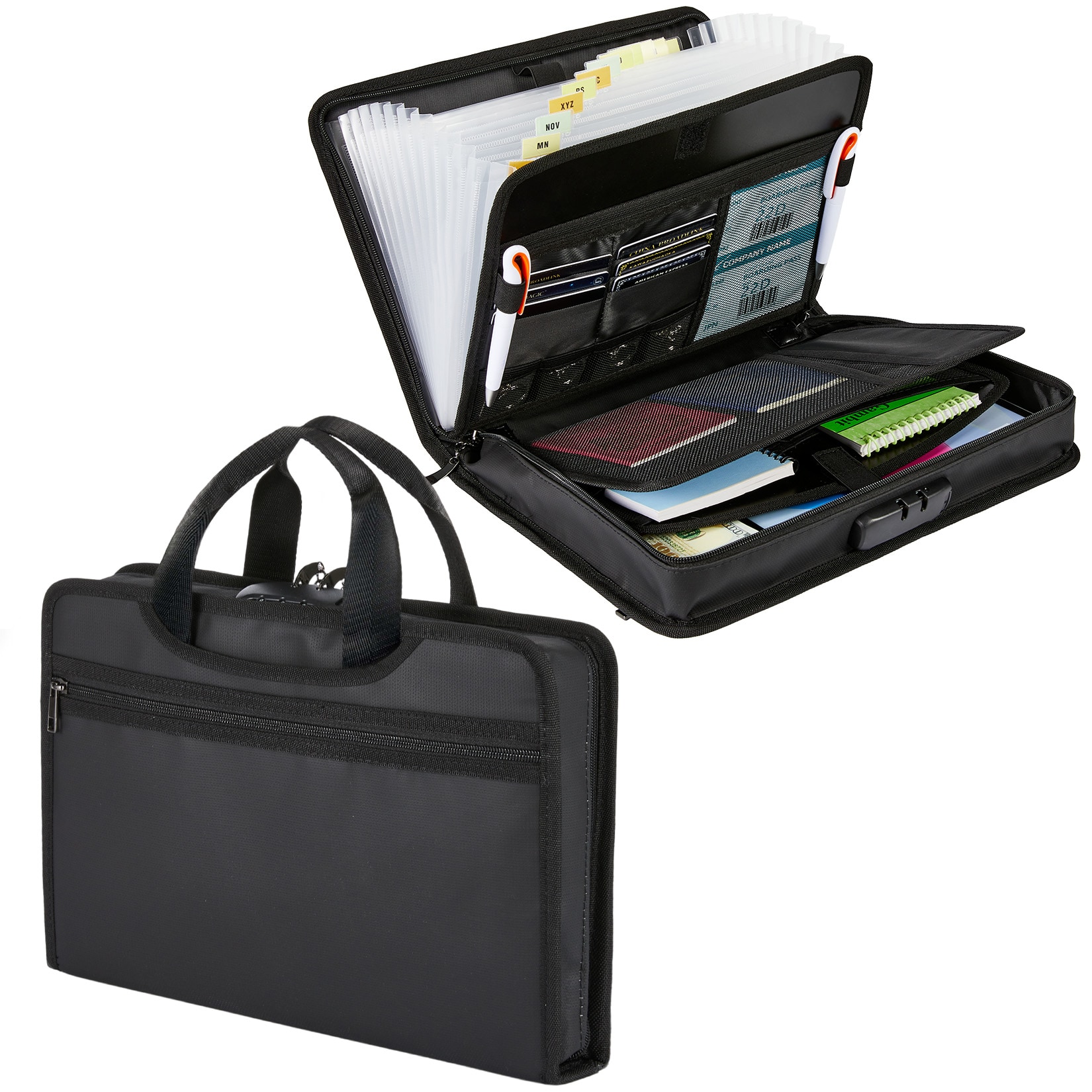 Garvee Fireproof Document Bag with Lock 14.2x10.4x2.8 Inch Fiberglass Waterproof File Storage Accordion Organizer with Combination Lock Portable Sturdy and Durable Black