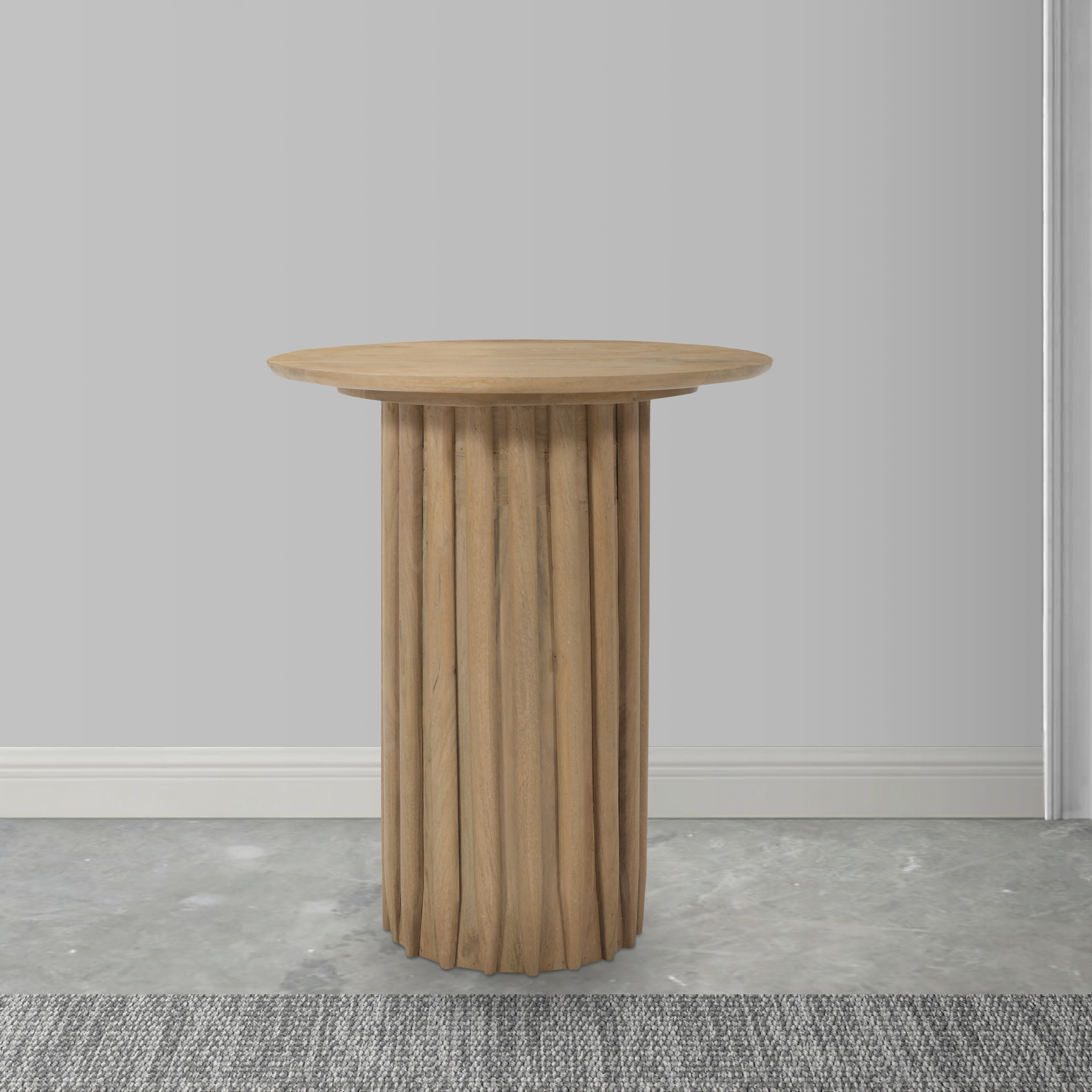 Light Brown Mango Wood Round Dinner Table with Ridged Plinth Base