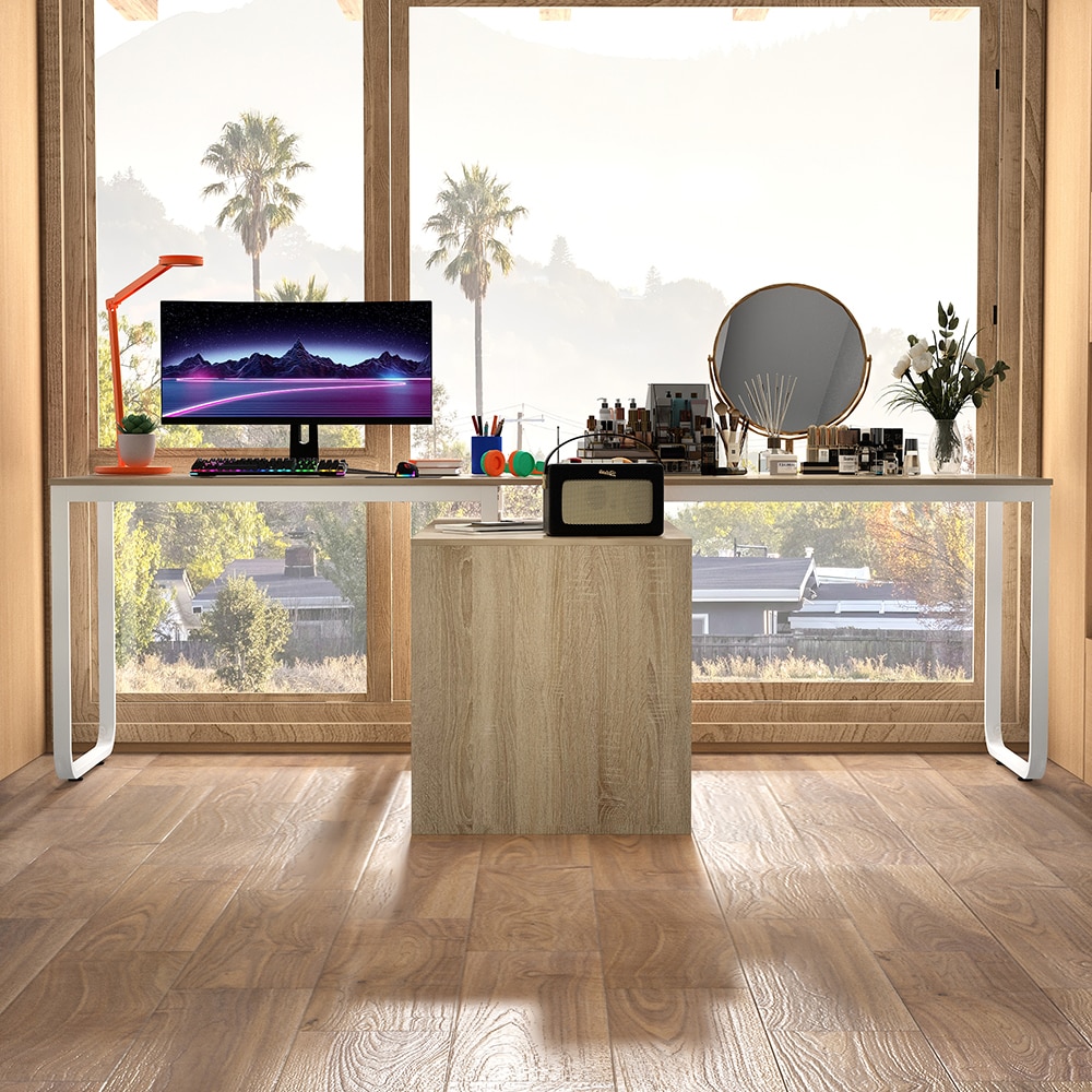 Homsee C-KF180192-01-AB T-Shape Brown Wood Grain Office Desk with 12 Open Shelves Large Surface for Two-Person Home Office