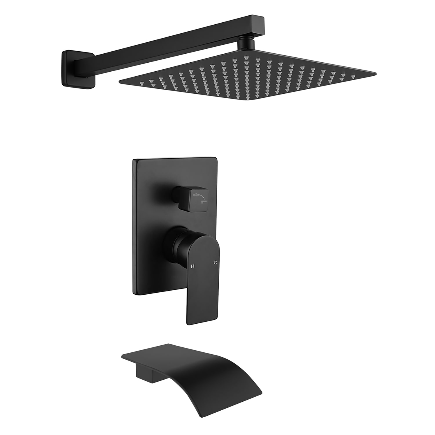Nestfair SMD3012B Black 1-handle Single function 10-in Square Bathtub and shower Faucet with Valve