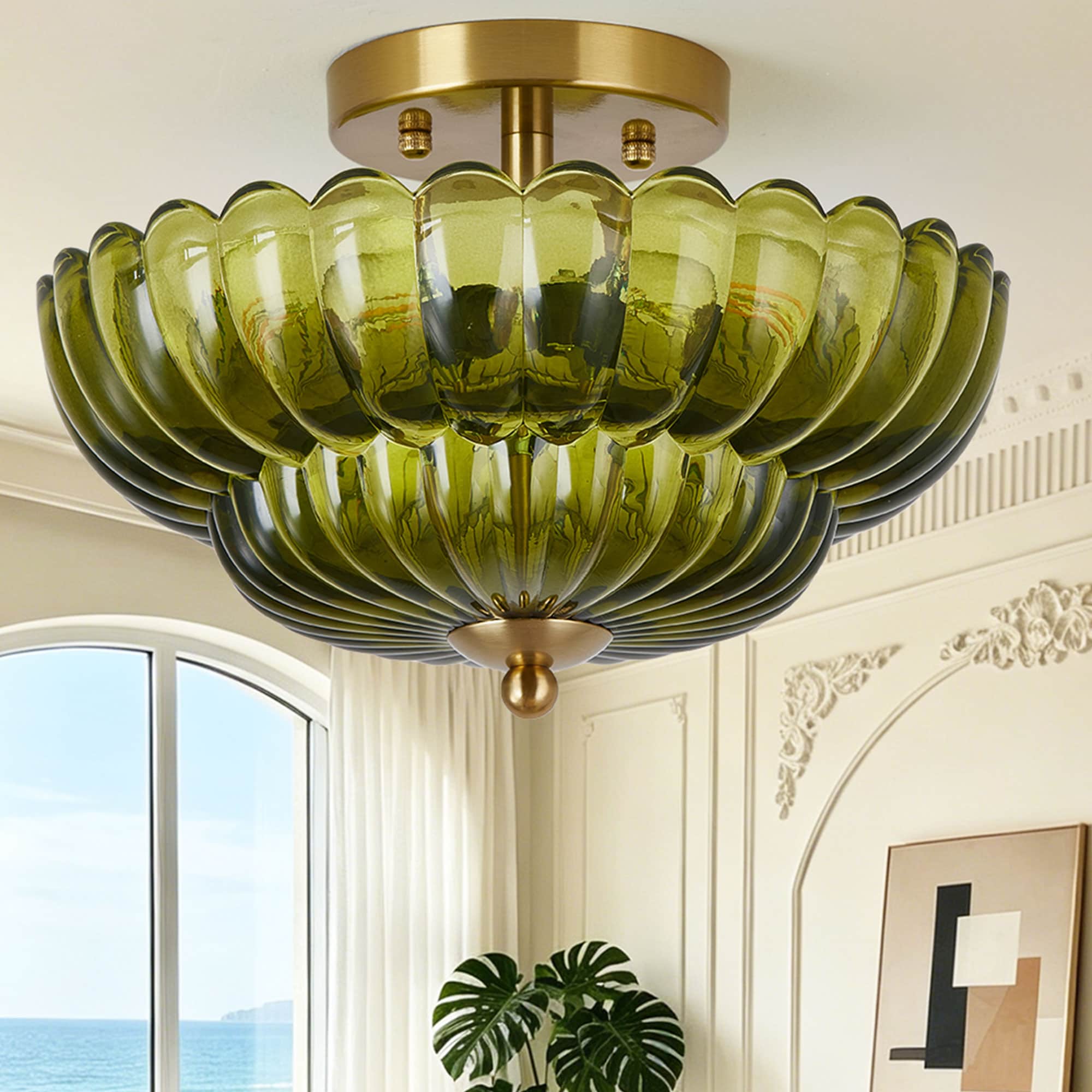 LOBREG  11.8 in 3 Lights Vintage Semi Flush Mount Ceiling Light Fixture with Flower Green Glass Shade and Gold Frame  Close to Ceiling Lamp