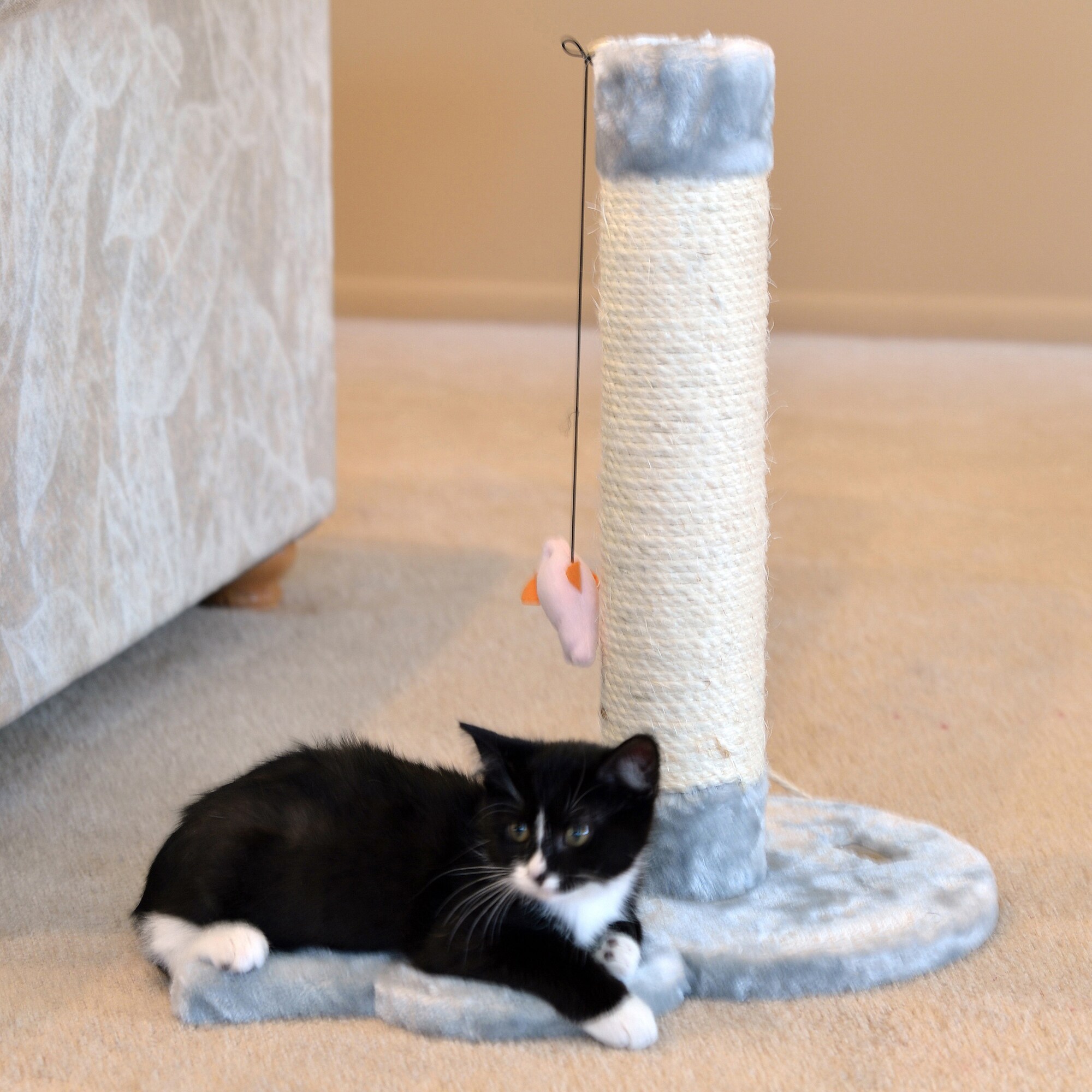 Gray Sisal and Faux Fur Mouse-Shaped Cat Scratcher with Toy