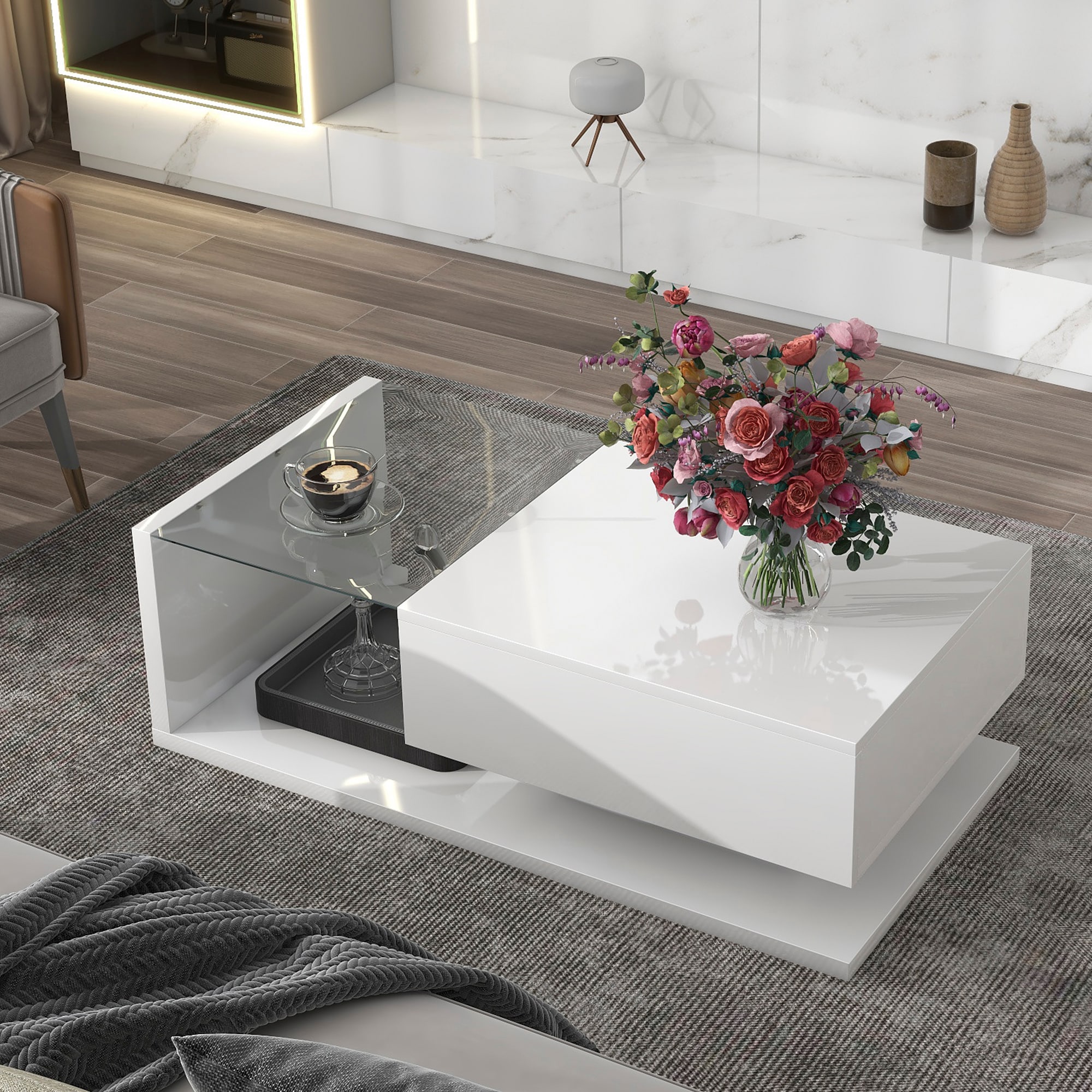ModernLuxe WF303936AAK Modern Coffee Table with Tempered Glass Wooden Cocktail Table with Highgloss UV Surface Modernist 2Tier Rectangle Center Table for Living Room White
