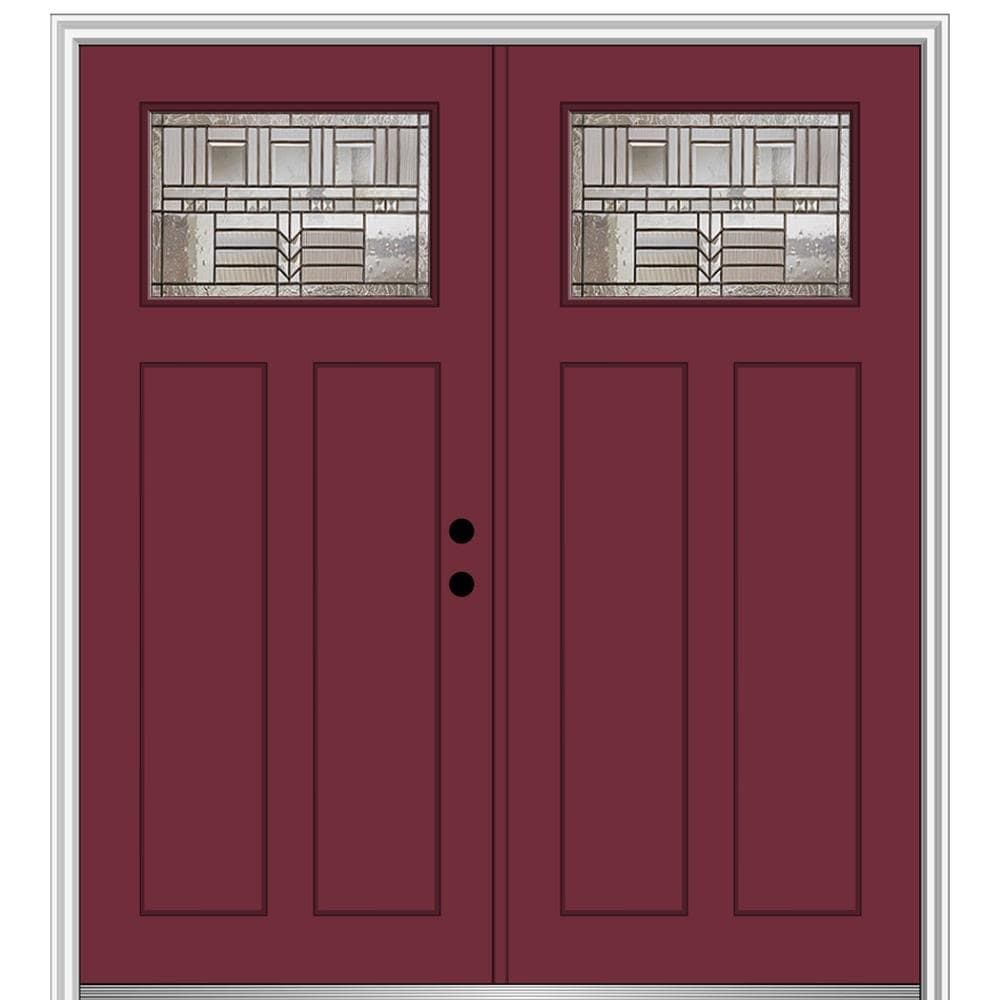 MMI DOOR ZZ3664954L 64-in x 80-in x 4-9/16-in Fiberglass Craftsman Left-hand inswing Burgundy Painted Prehung Double Front Door with Brickmould Insulating core