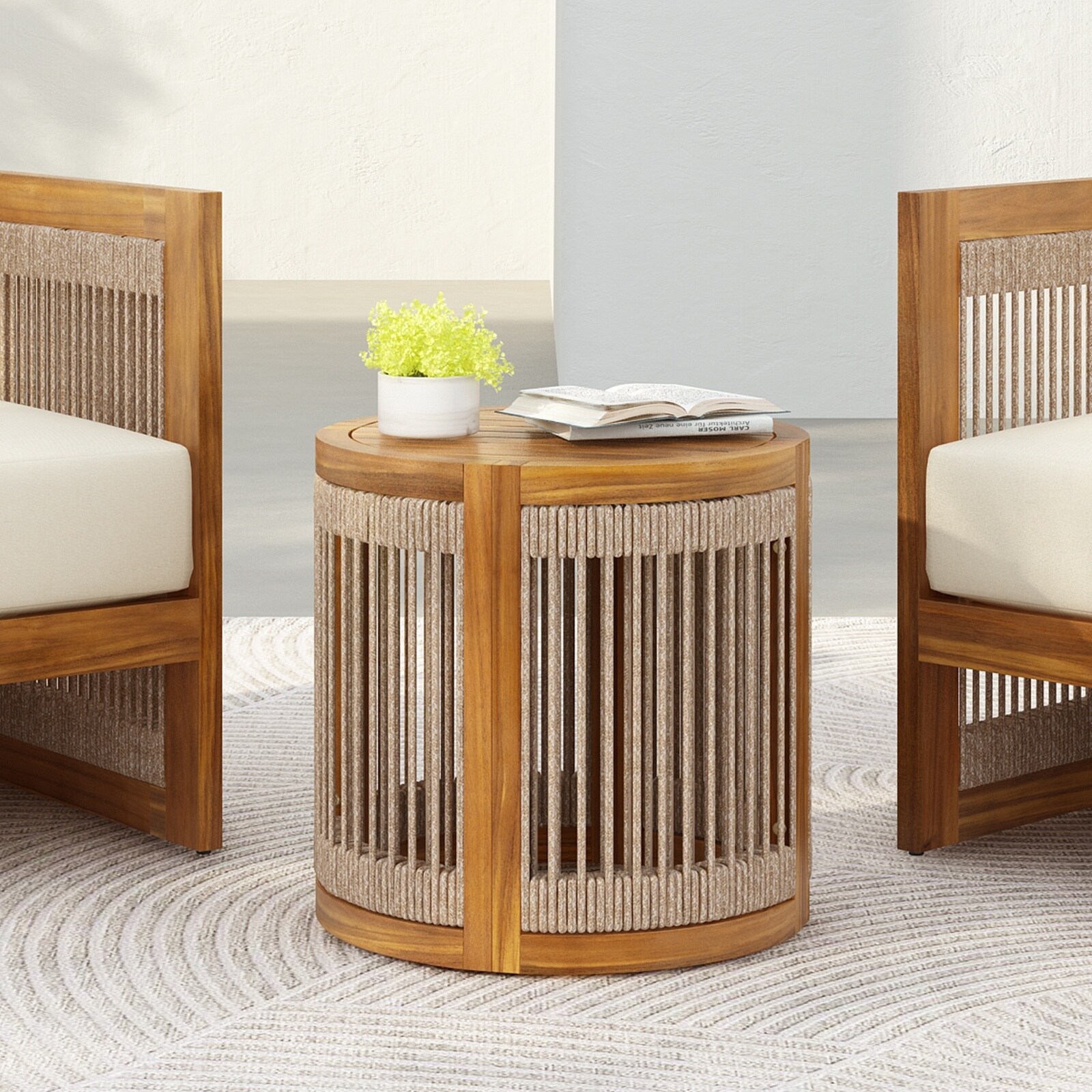 UOI - 17 inch Natural Acacia Wood Outdoor Side Table with Handwoven Rope Accent and All-Weather D...