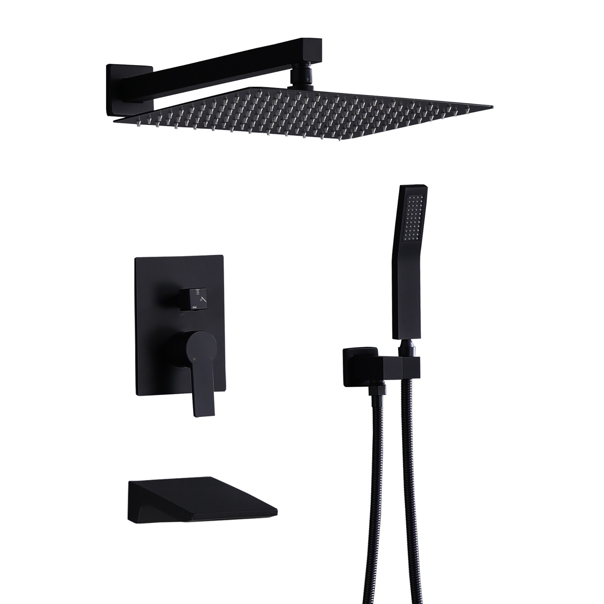 Tatayosi T749905 Black Shower System with Tub Spout All Metal Tub Shower Faucet Set with 12inch Rain Shower Head and Handheld Spray combo Wall Mounted Tub Shower Systems with Valve and Trim Kit Matte Black