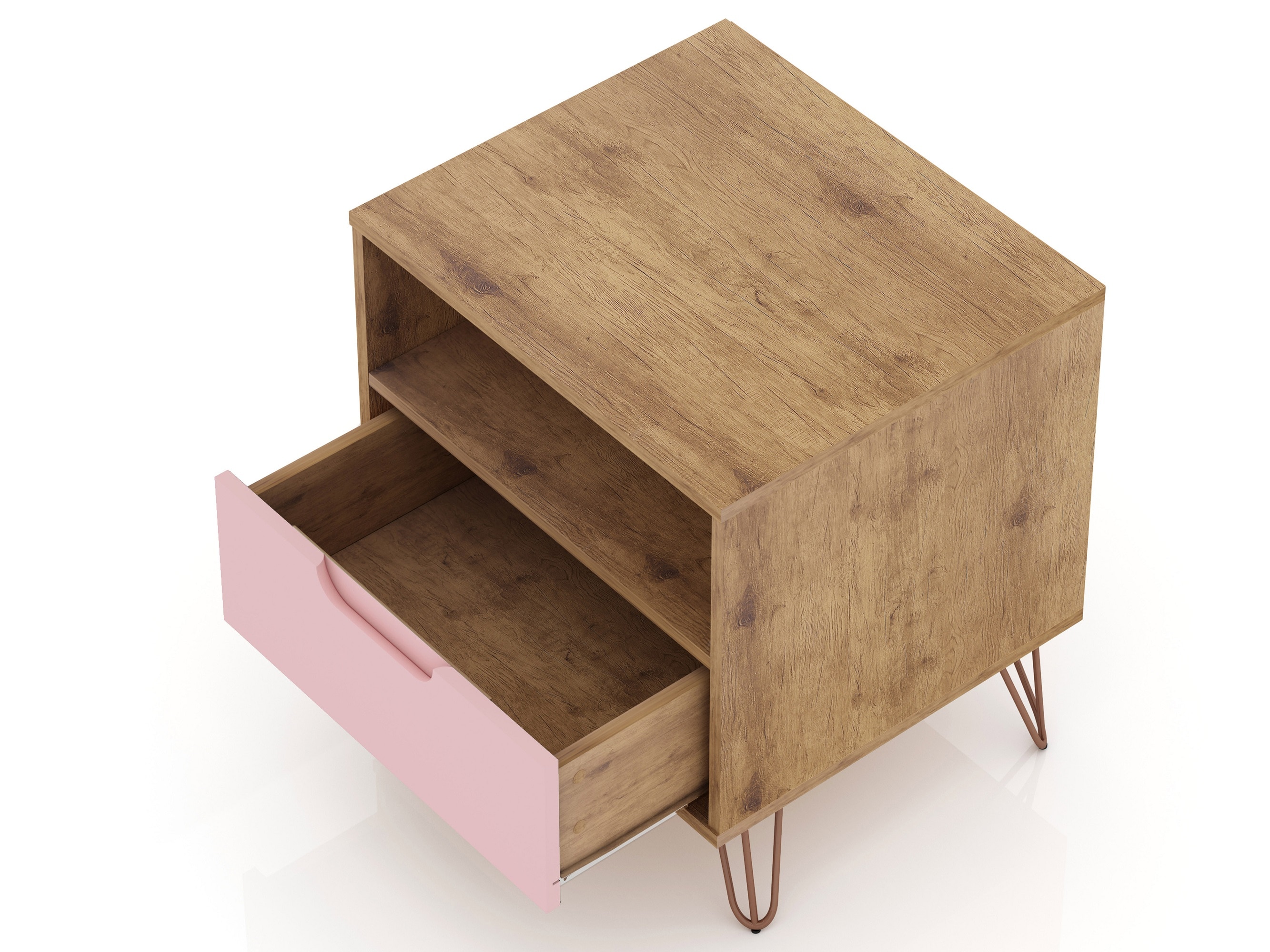 Mid-Century Rose Pink & Natural Nightstand with Metal Legs