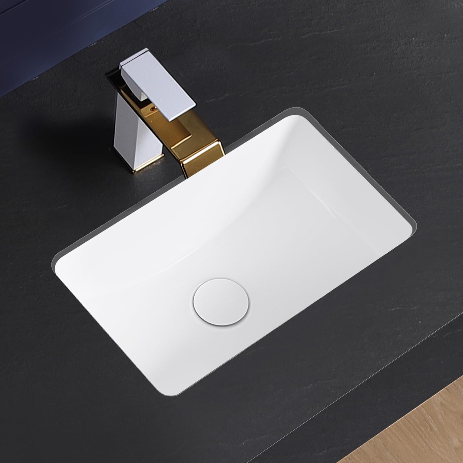 AKSCYZM -  Undermount Bathroom Sink Small Rectangular White Porcelain Ceramic Vanity Basin with O...