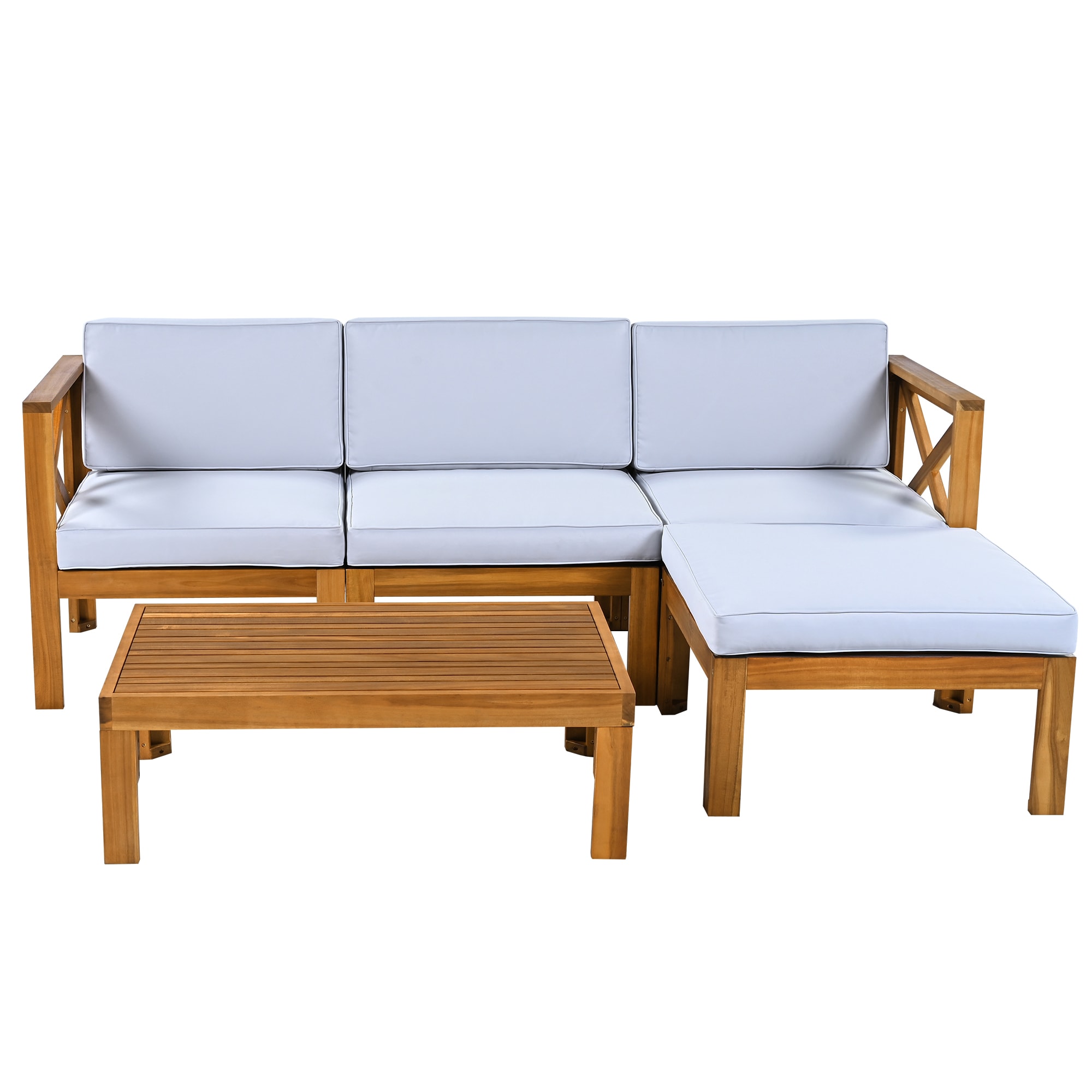 Bybafun YA0100373 Outdoor Sectional with Gray Cushions and Wood Frame