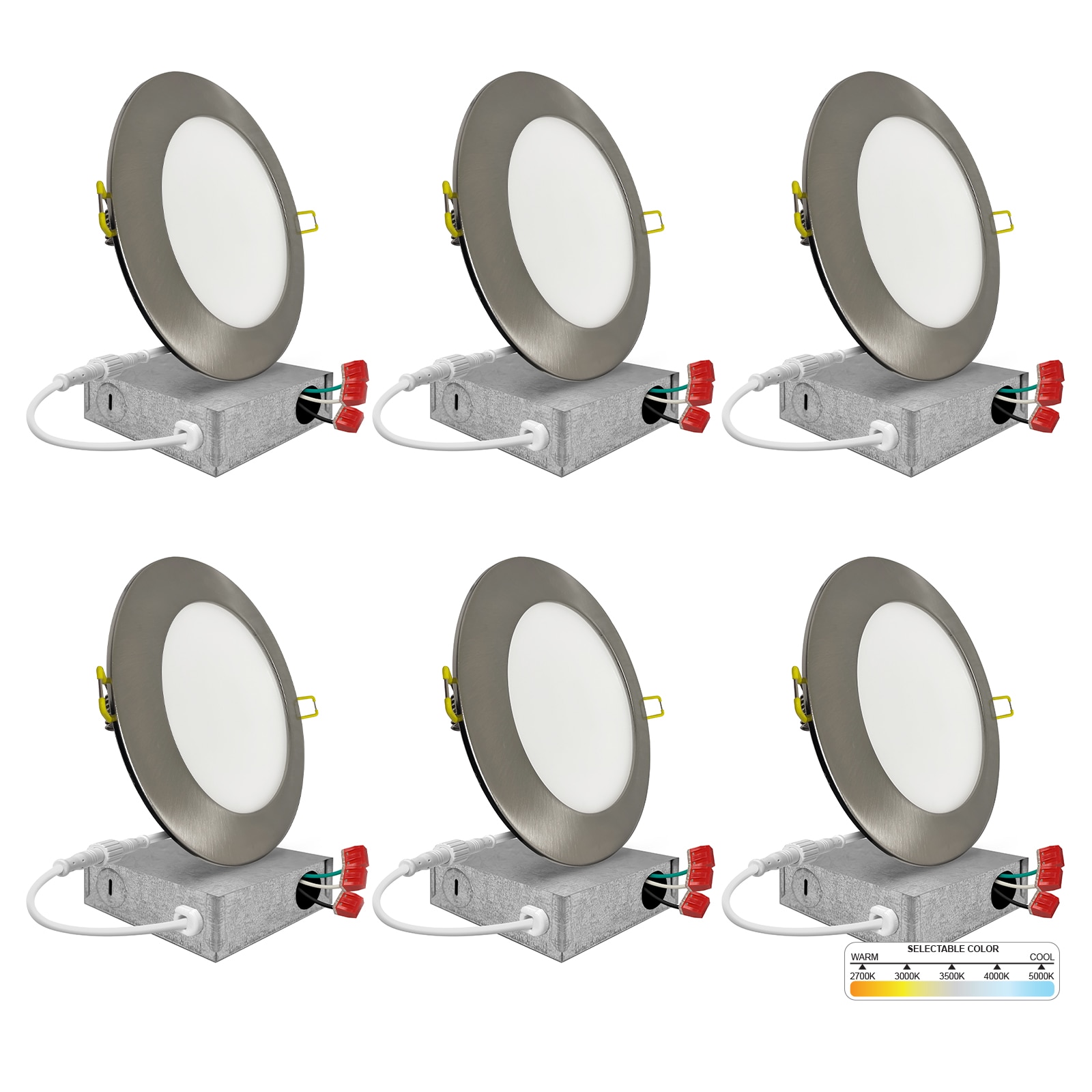 NUWATT Brushed Nickel 6-in 1050-Lumen Switchable Round Dimmable LED Canless Recessed  Downlight (6-Pack) in the Recessed Downlights department at