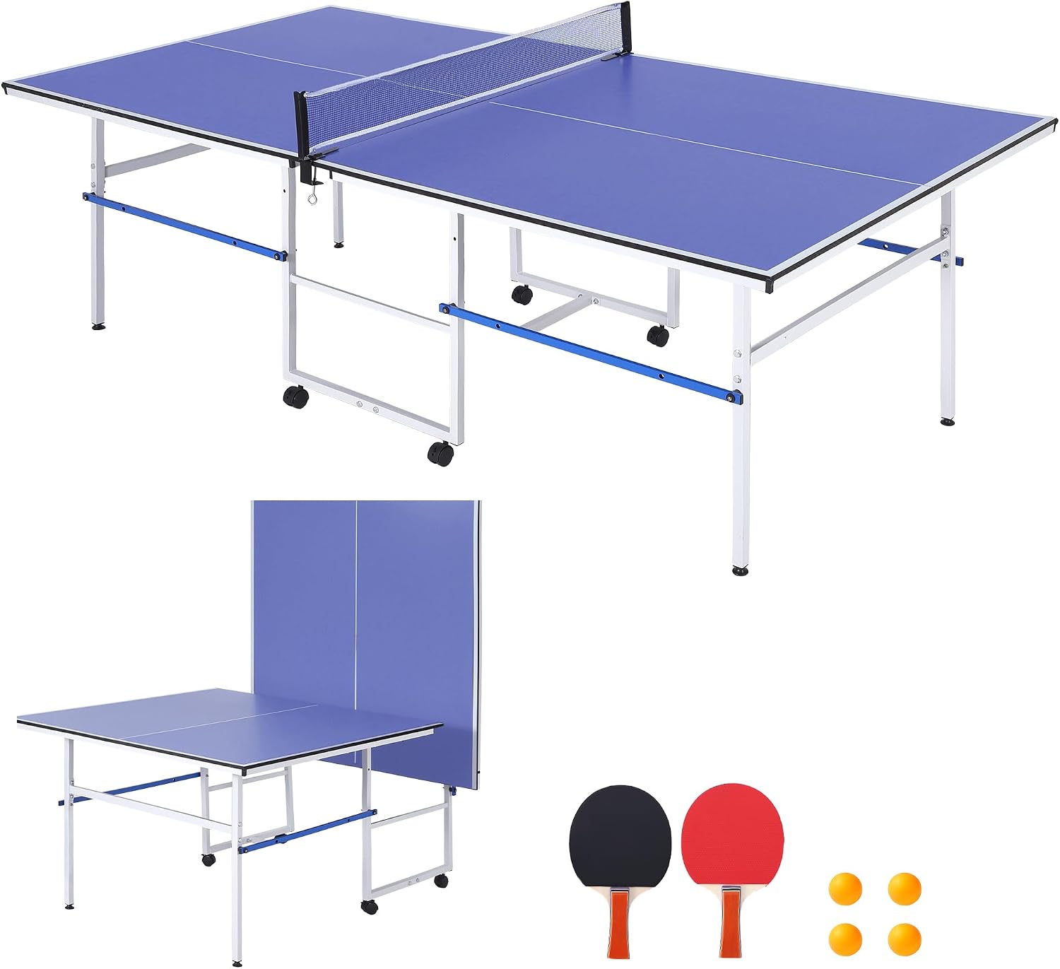 IdealHouse 8 ft Portable Ping Pong Table Professional Indoor Outdoor Game Set Foldable Table Tennis Table with Paddles Balls Net for Adults Teens Quick Assembly Single Player Playback Mode Blue