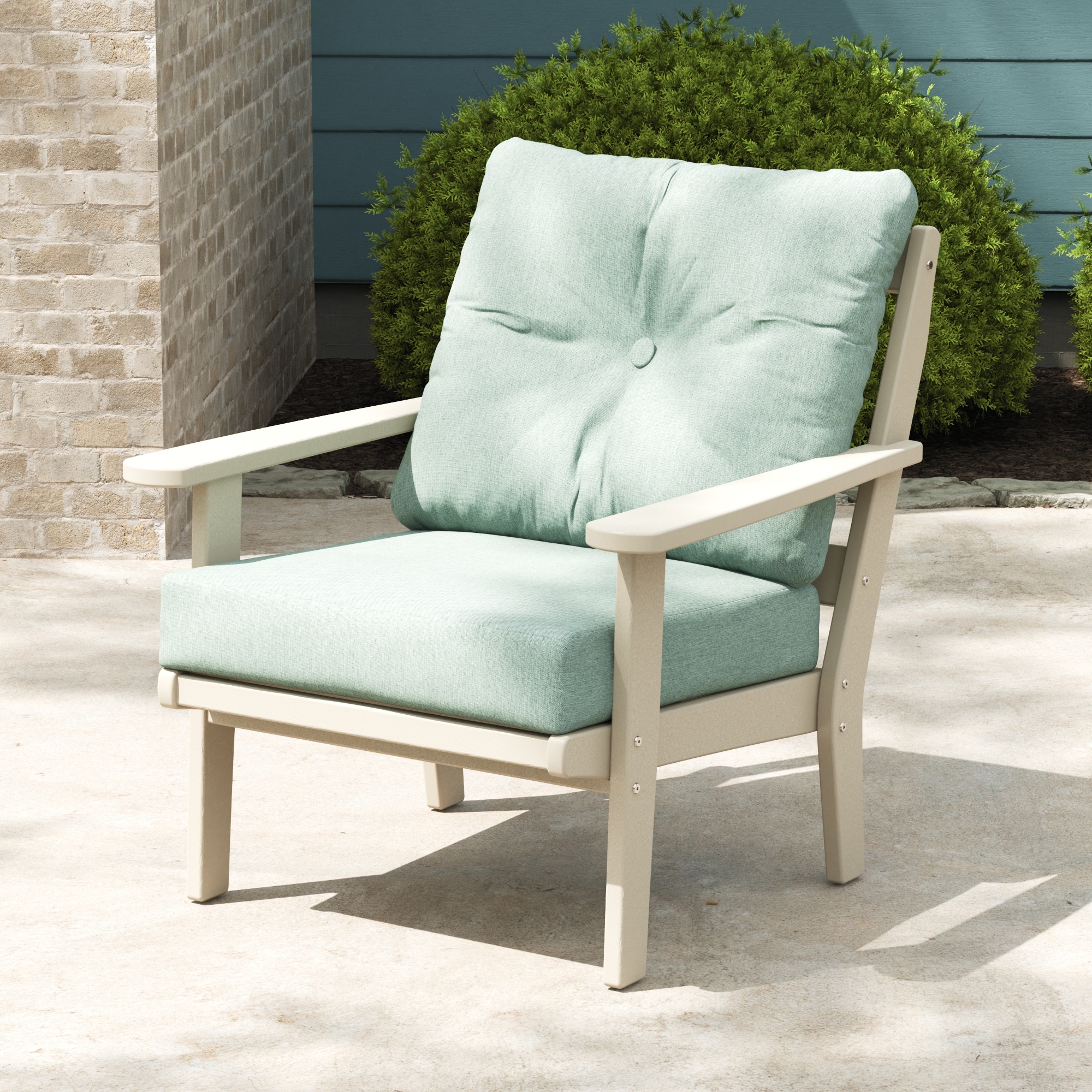 POLYWOOD 4441-SA161130 Mission Sand Plastic Frame Stationary Conversation Chair with Blue Slat Seat