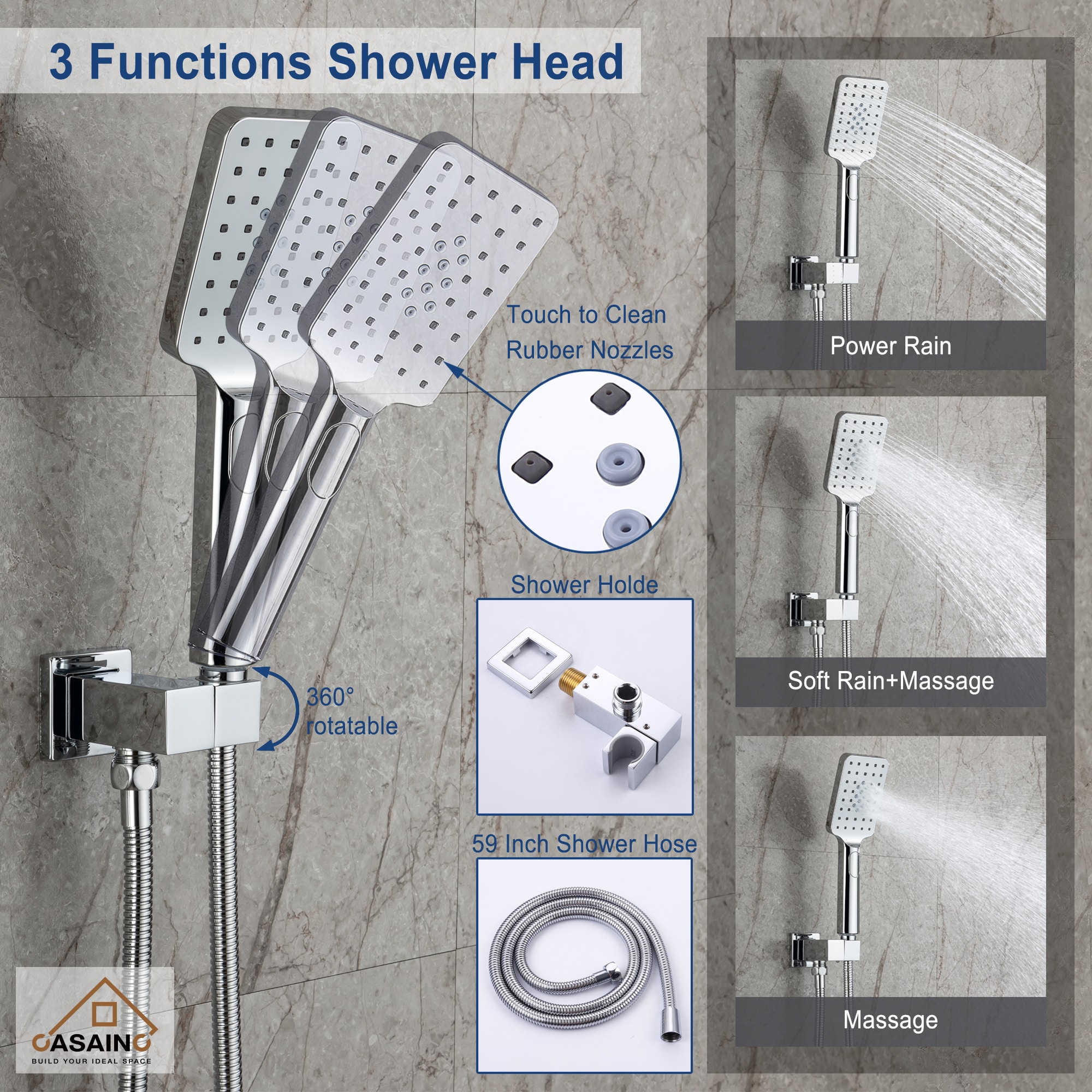 CASAINC Polished Chrome Dual Head Waterfall Shower Bar System with 2 ...