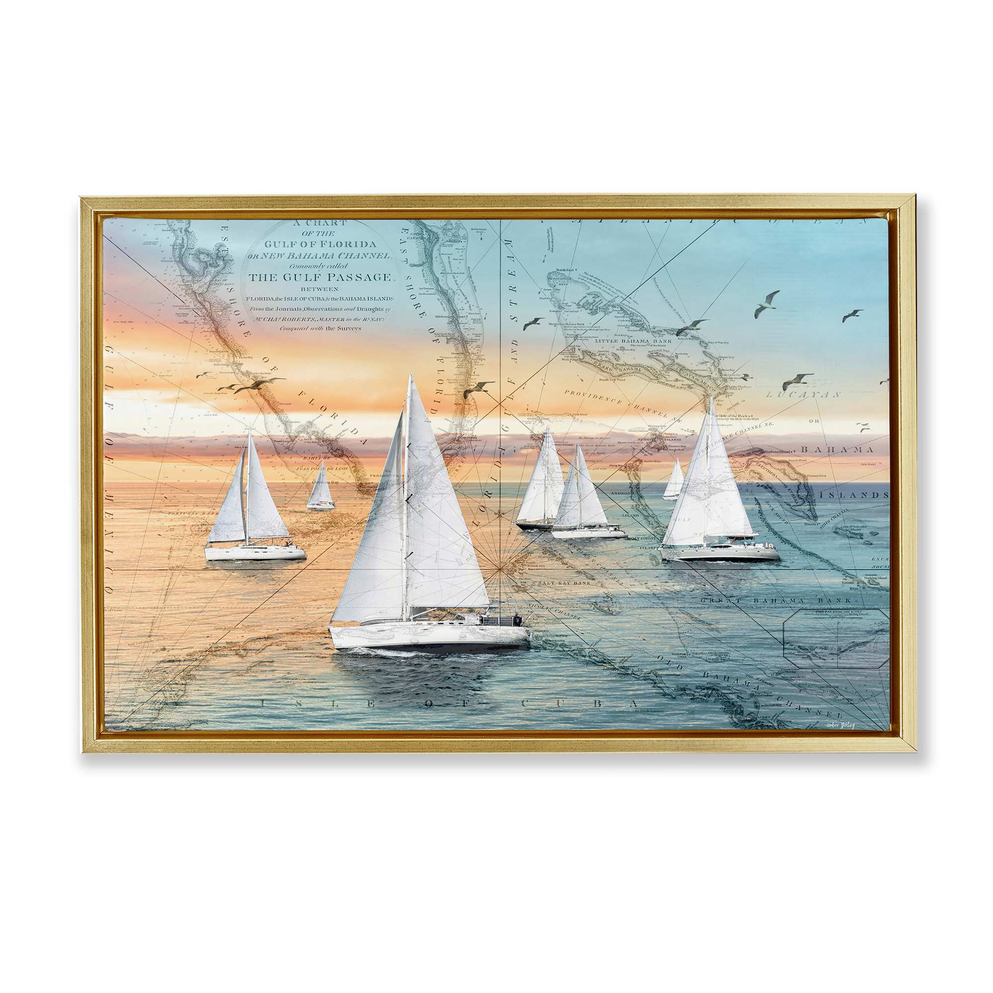 Stupell Industries BT-549-FFG-16X24 Nautical Ships and Vintage Map Gold Framed Floater Canvas Wall Art By Amber Sterling 25 x 17
