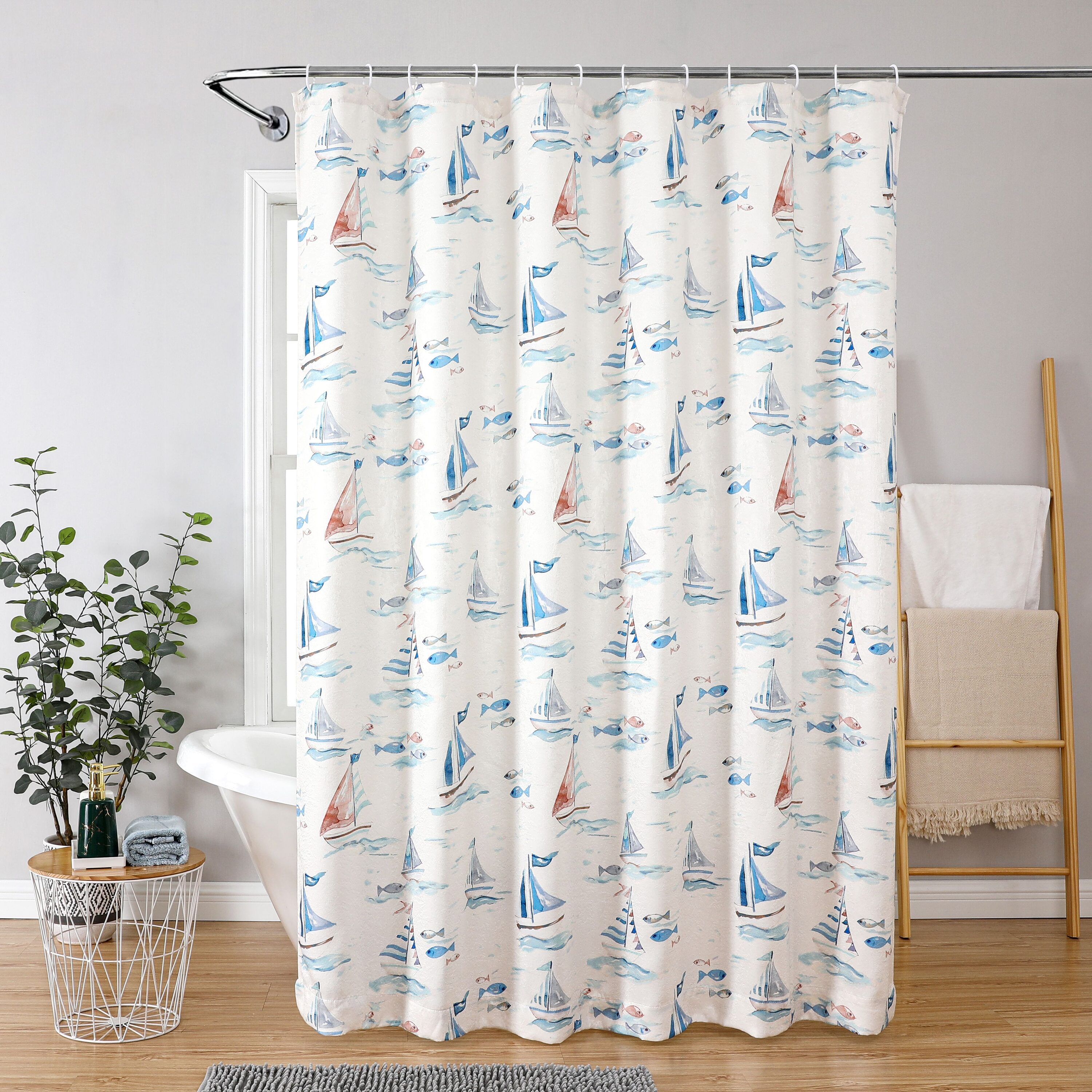 KATE AURORA Maritime Blues Coastal Sailboats And Fish Fabric Shower Curtain 72 in Wide x 72 in Long