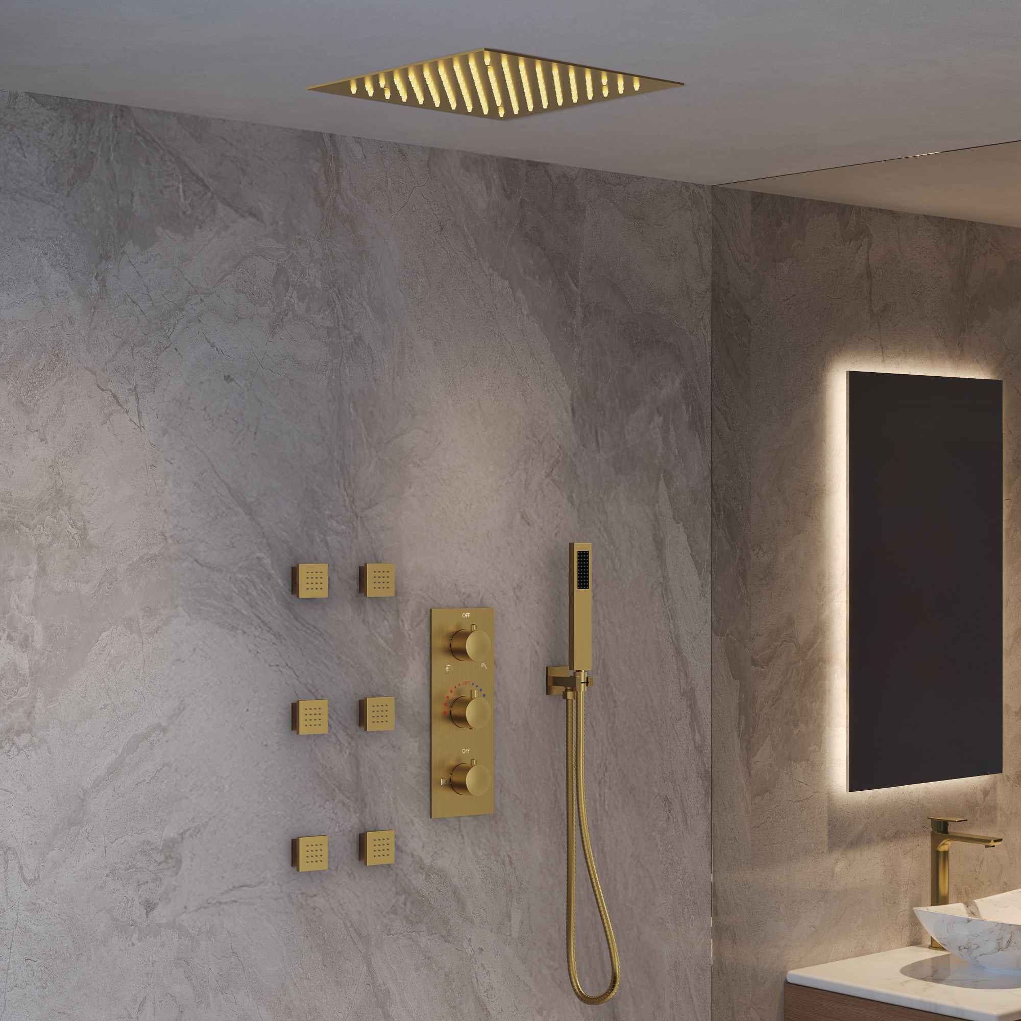 12 Inch Thermostatic LED Ceiling Mounted Square Three Handle Three Spray Rain Shower System with Body Jets and Handheld Brushed Nickel