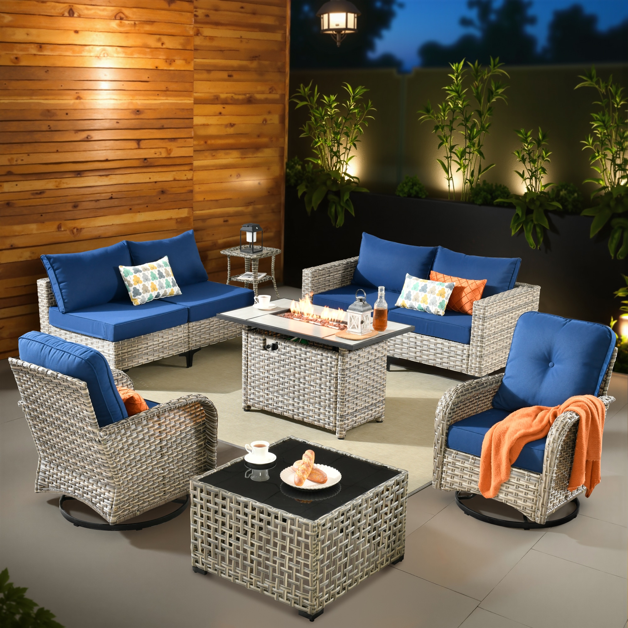weaxty CFPDSCRRSYZVNC709 9-Piece Wicker Patio Conversation Set with Blue Cushions