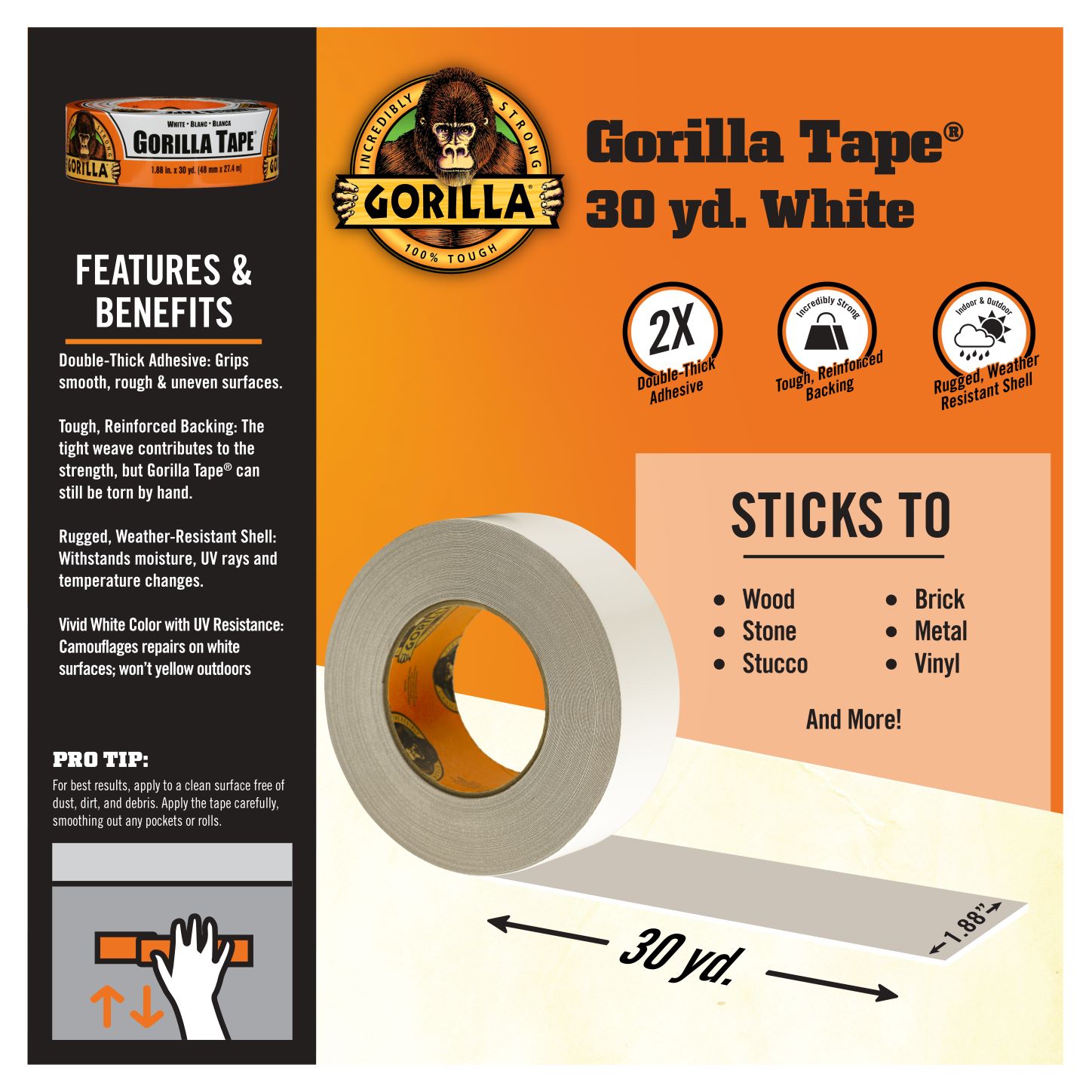 Gorilla Tape, White Duct Tape, 1.88 x 30 yd, White, (Pack of 2)