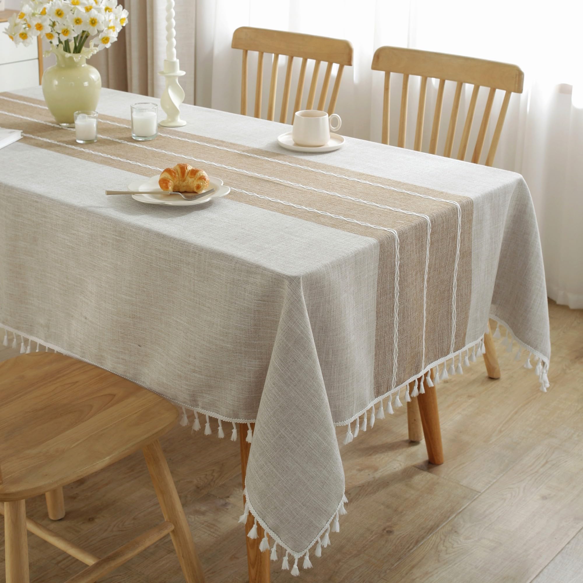 Phewnyzo  Cotton Linen Rectangle Tablecloth Waterproof Wrinkle Free Farmhouse Dining Table Cover with Tassels Brown 55 x 70 Inch Fits 4 to 6
