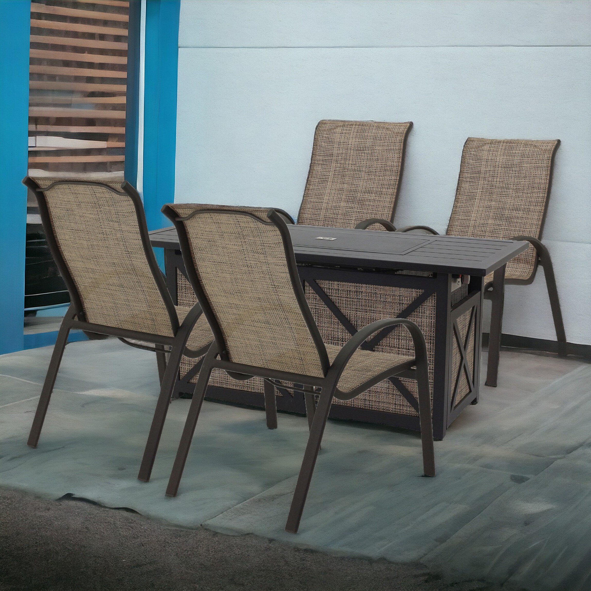 Courtyard Casual 5689 Santa Fe - Java 5 -Piece Java Brown Patio Dining Set Aluminum Rectangle Table with 4 Brown Stackable Stationary Chairs