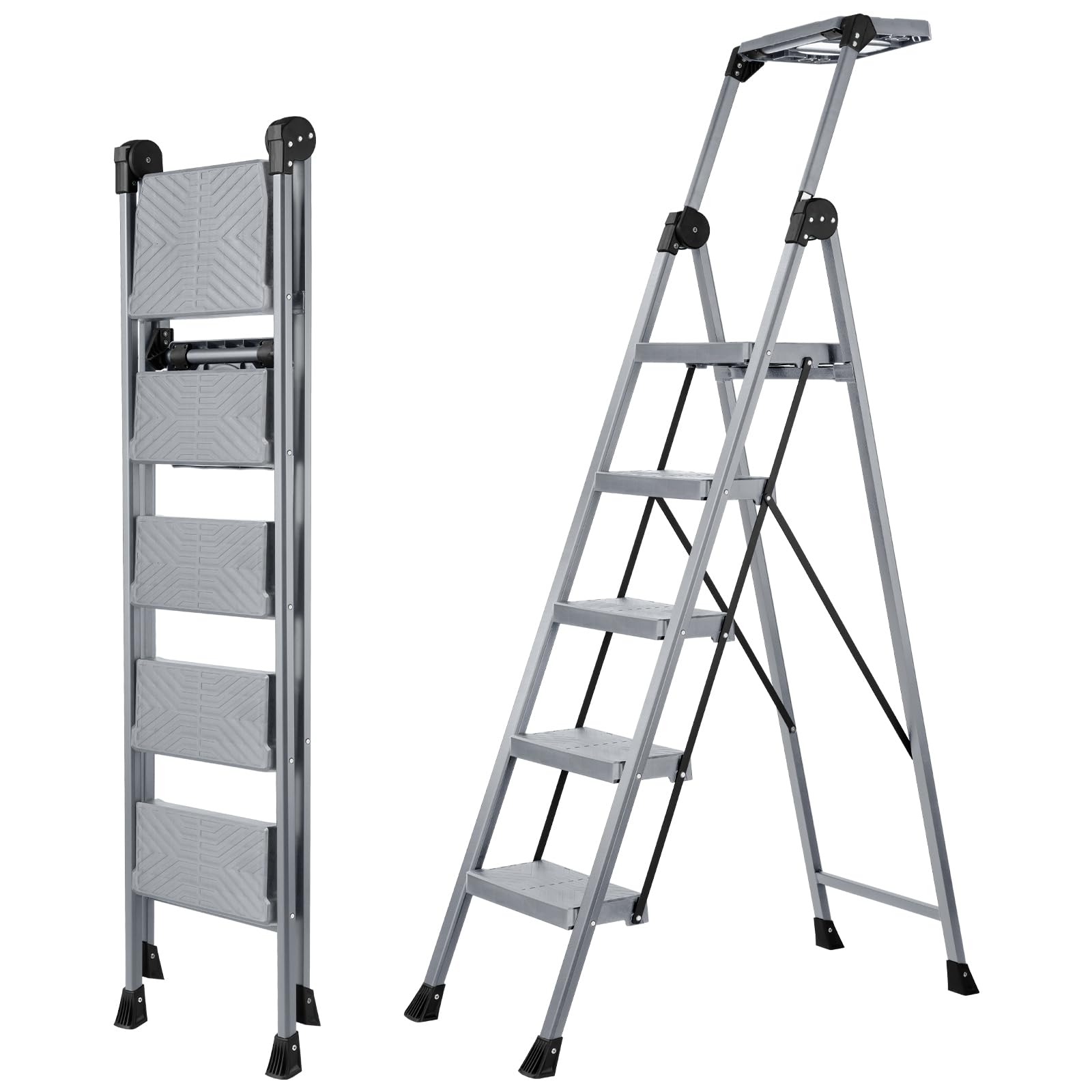 AOIZGMY  5 Step Ladder Foldable Step Stool Ladder with Handrails and Tray Heavy Duty Wide Pedals Sturdy Steel Folding Ladder for Home Kitchen