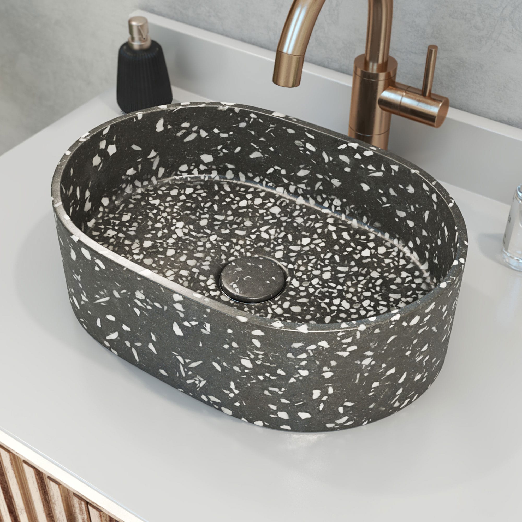 DreamLine SVAM15L11W4LX19 Ambia Concrete Vessel Oval Modern Dark Grey Bathroom Sink with Drain Included ( 15.75-in x 11-in )