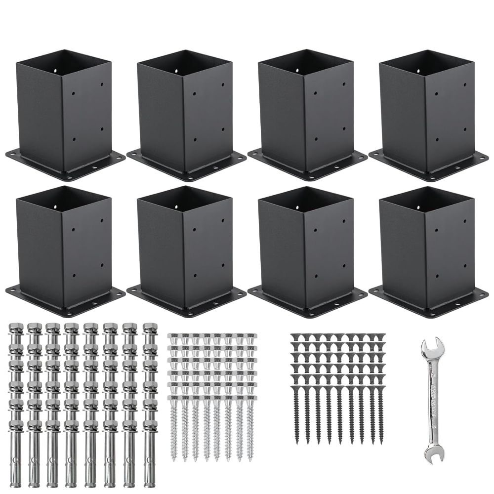 Phyfalip  4x4 Post Base 8 pcs Solid Steel Black Powder Coated Deck Fence Pergola Mailbox Mount Support Kit With Anchors