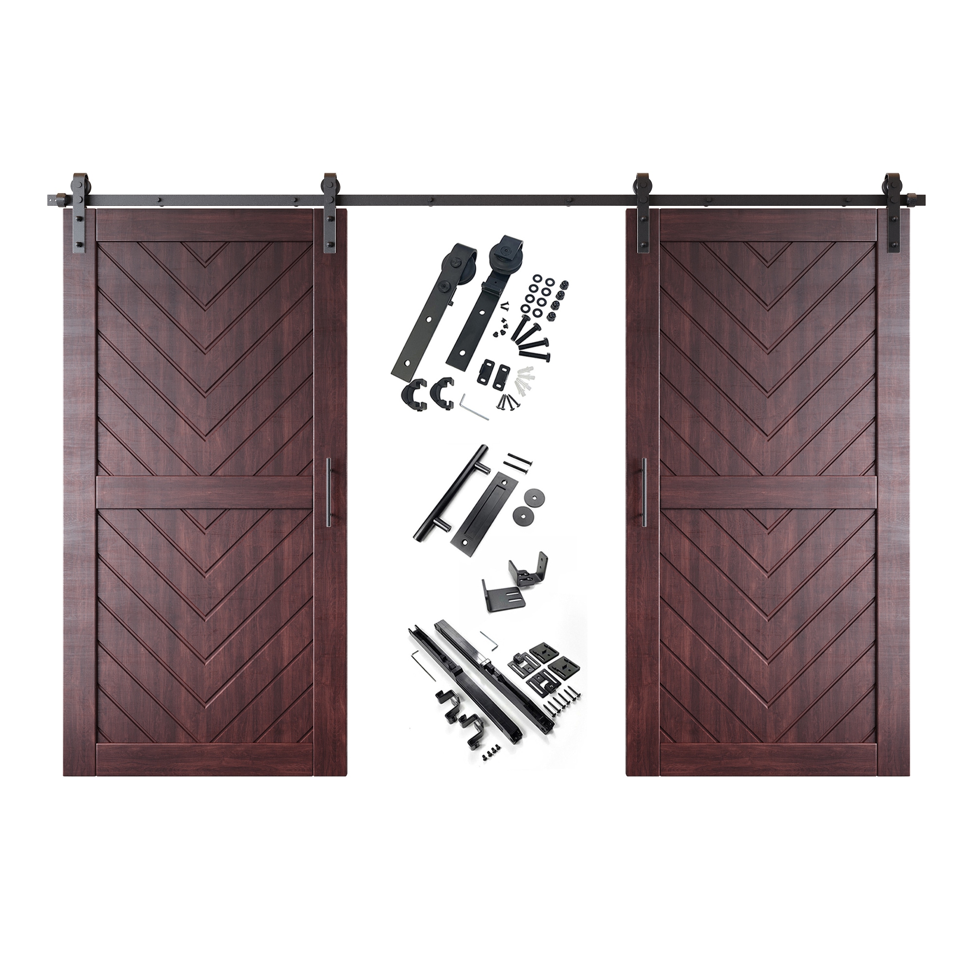 HOMACER YT2H168C-JT3-4080-RD 40-in x 80-in Red Mahogany Herringbone Pine Wood Solid core Double Barn Door (Hardware Included)