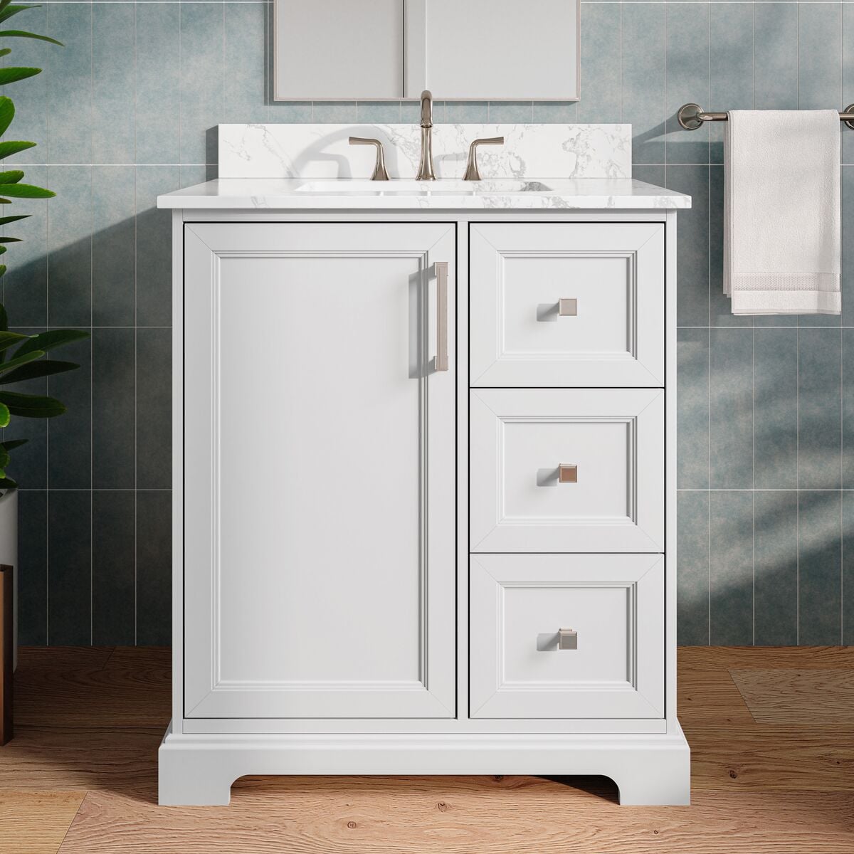 allen + roth LWS30TSVW Pittman 30-in White Undermount Single Sink Bathroom Vanity with White Engineered Calacatta Veined Engineered Stone Top