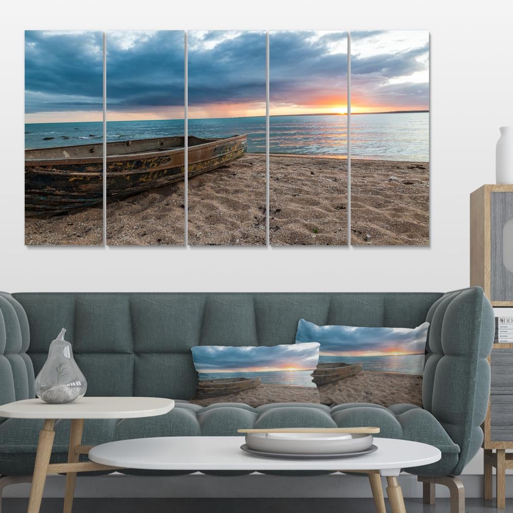 Designart - Rusty Row Boat on Sand at Sunset - Extra Large Seascape Art  Canvas