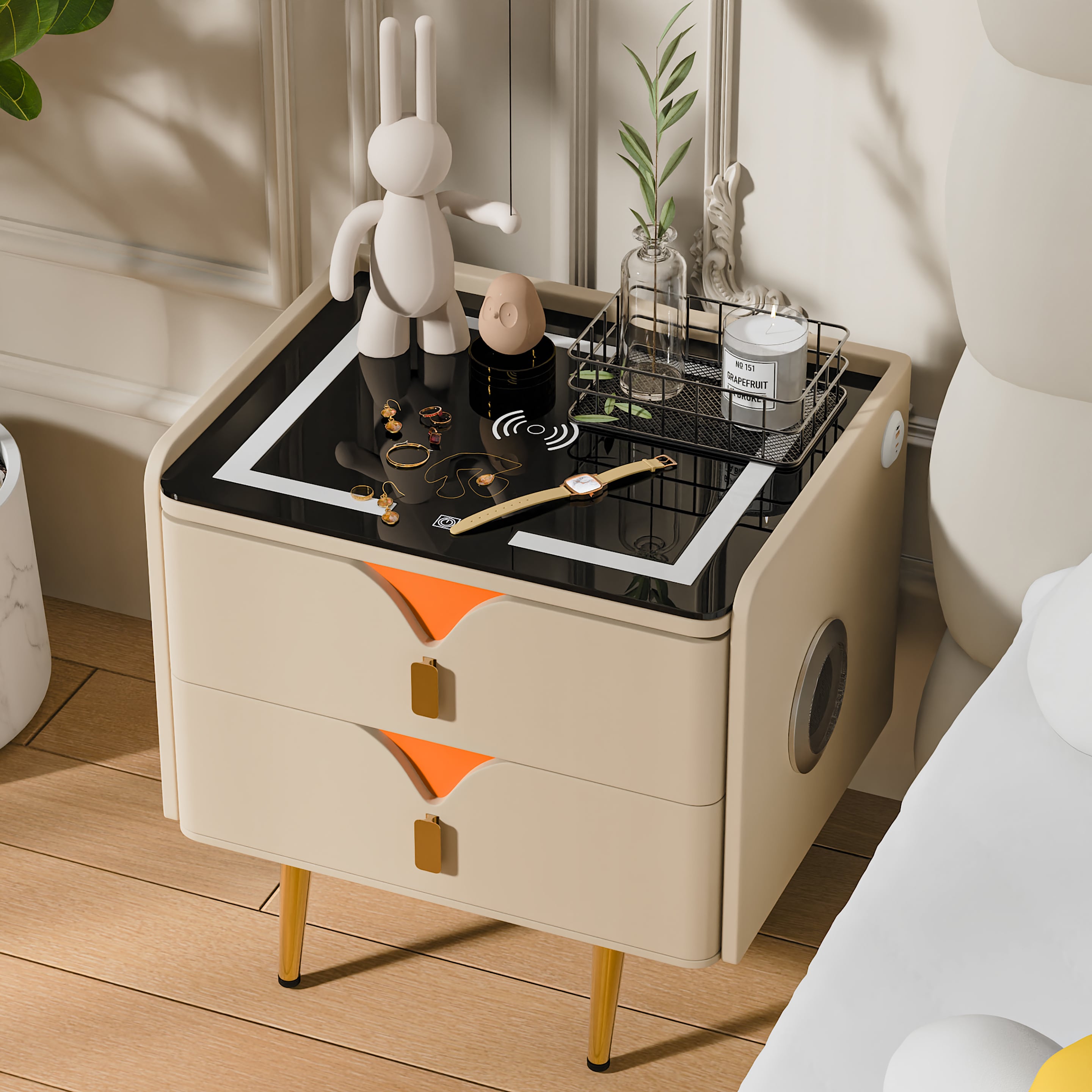 EFPERFECT ELQ531 Smart Double Drawer Nightstand with Cabinet and Combination Lock