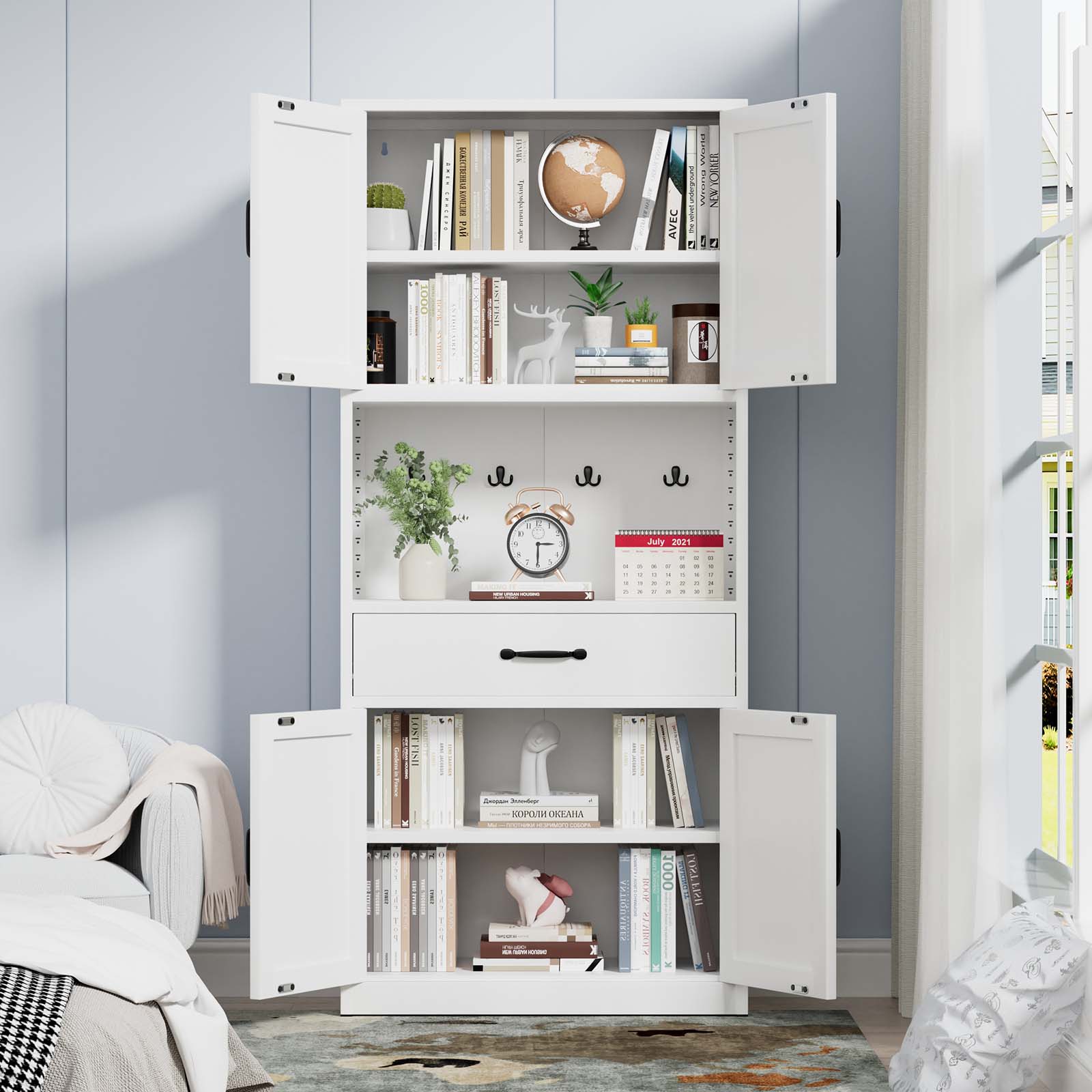 White 1 -Drawer 30.3-in File Cabinet 71-in High White Steel Kitchen Pantry Storage Cabinet with Countertop Adjustable Shelves Drawer Hooks