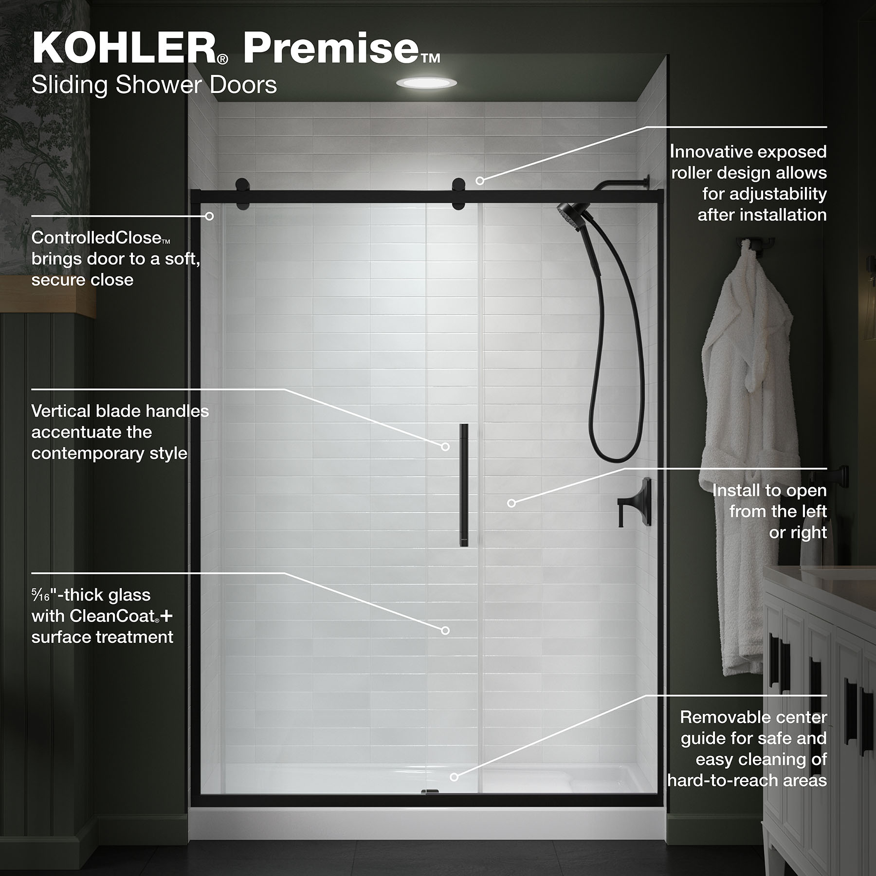 KOHLER Premise Matte Black 56-in to 60-in W x 76.13-in H Frameless ...