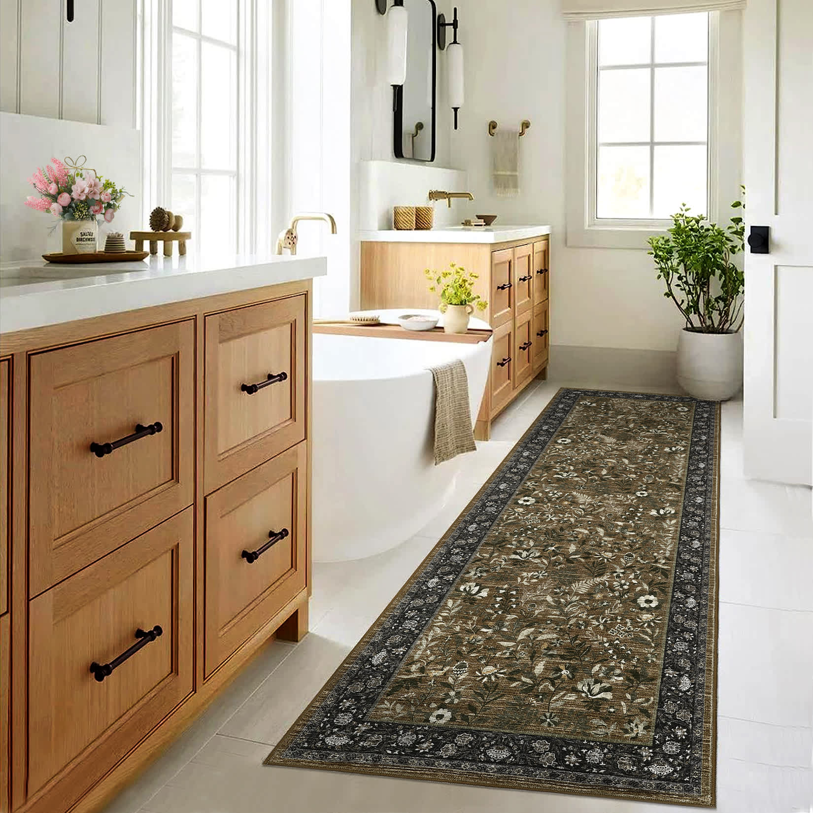 Qeetex LSN-PHK-34RLTQT3 2 x 6 ft Polyester Brown Rectangular Hallway Bathroom Entryway Kitchen Office Foldable Flower Printed Modern Washable Area Rug