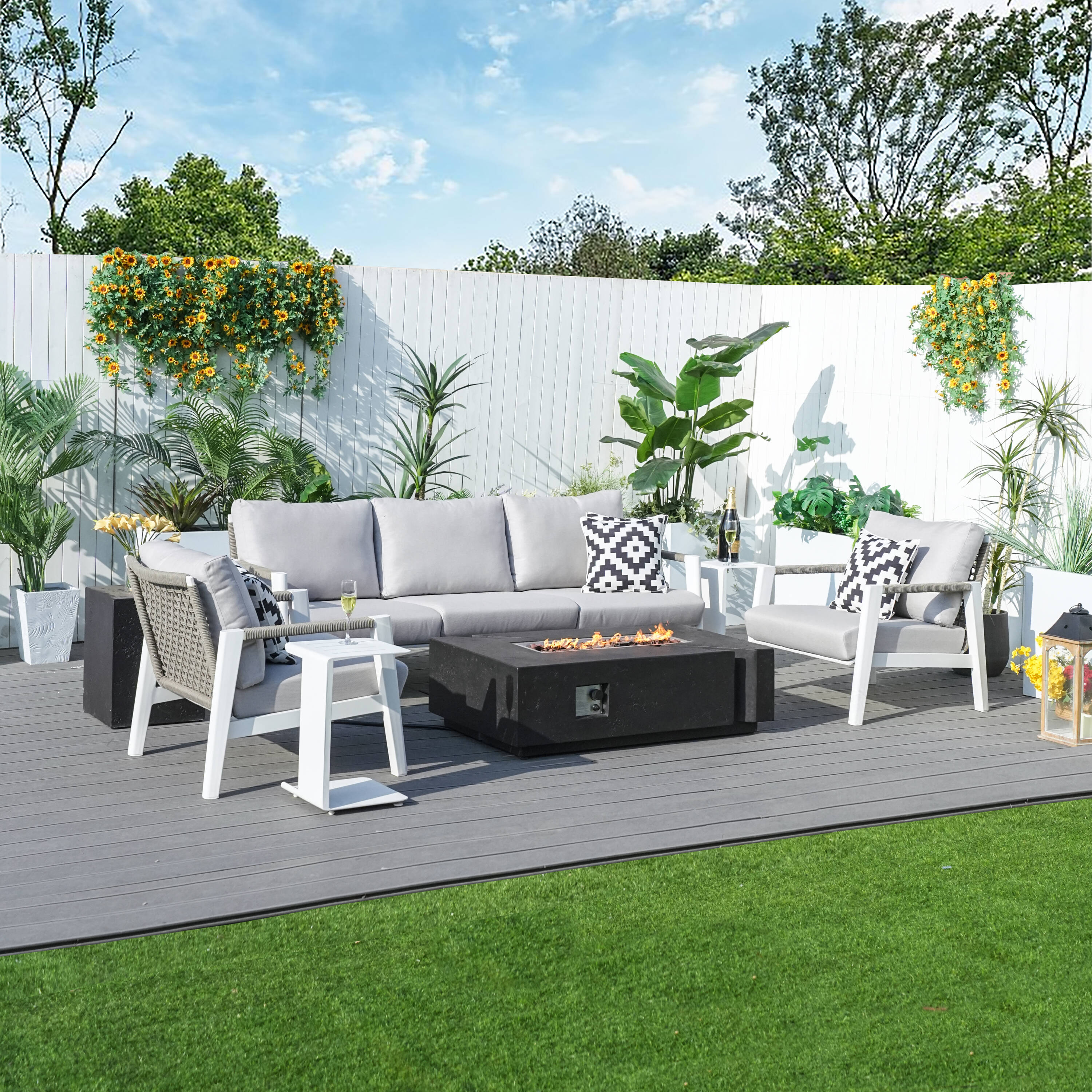 Direct Wicker DWG-2322W&24913BK 7 -Piece 3 Patio Sofa Conversation Set with Gray Cushions
