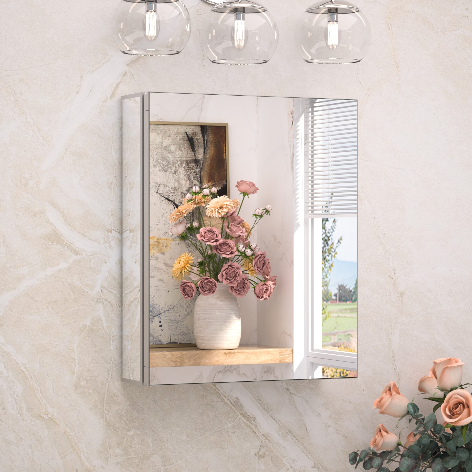 Keonjinn LW-JG-4050SI 16-in x 20-in Surface/Recessed Mount Sliver Mirrored Rectangle Soft Close Medicine Cabinet