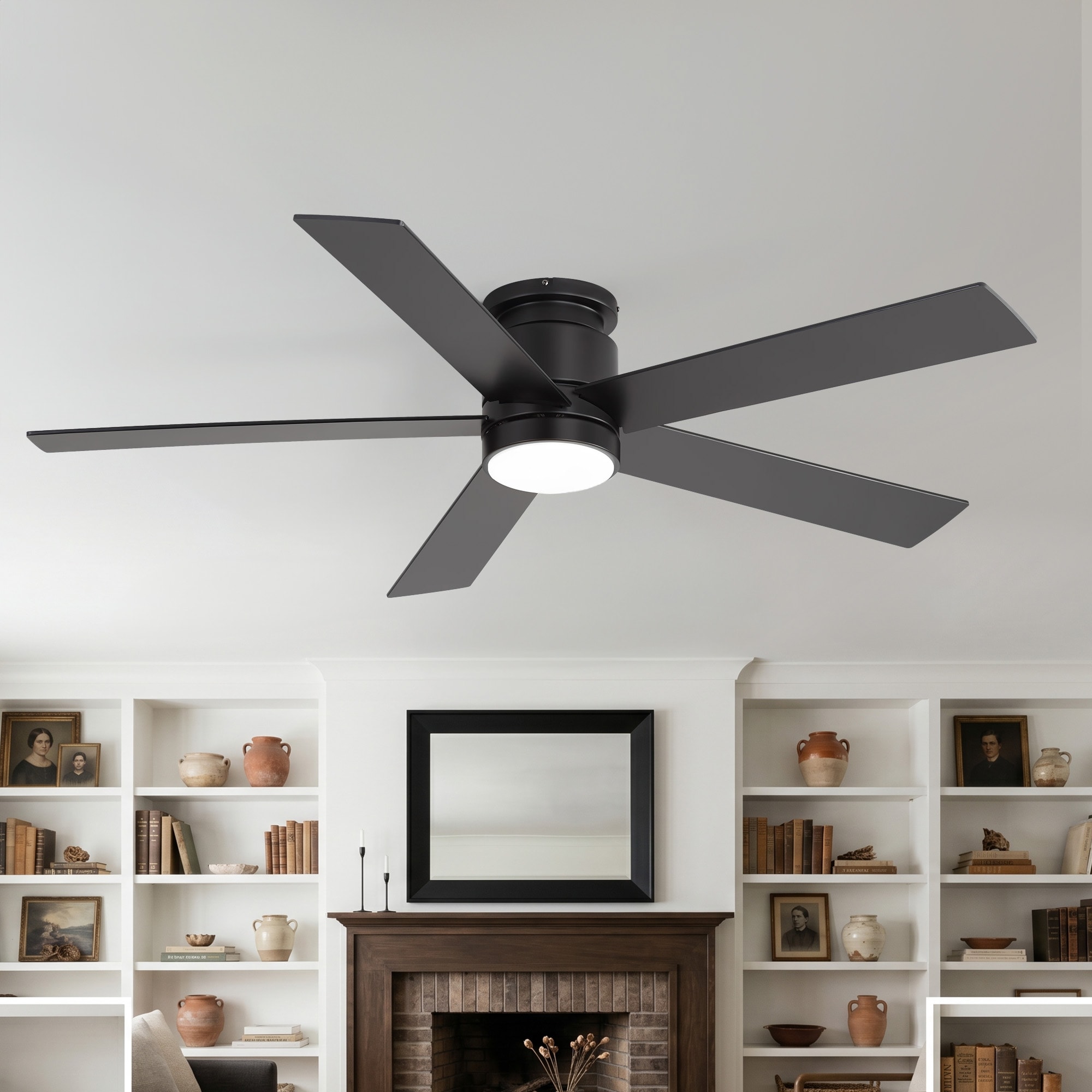 Breezary Low Profile 42-in Matte Black with Black Blades LED Flush Mount Ceiling Fan With Light and Remote Control Included 5 -Blade