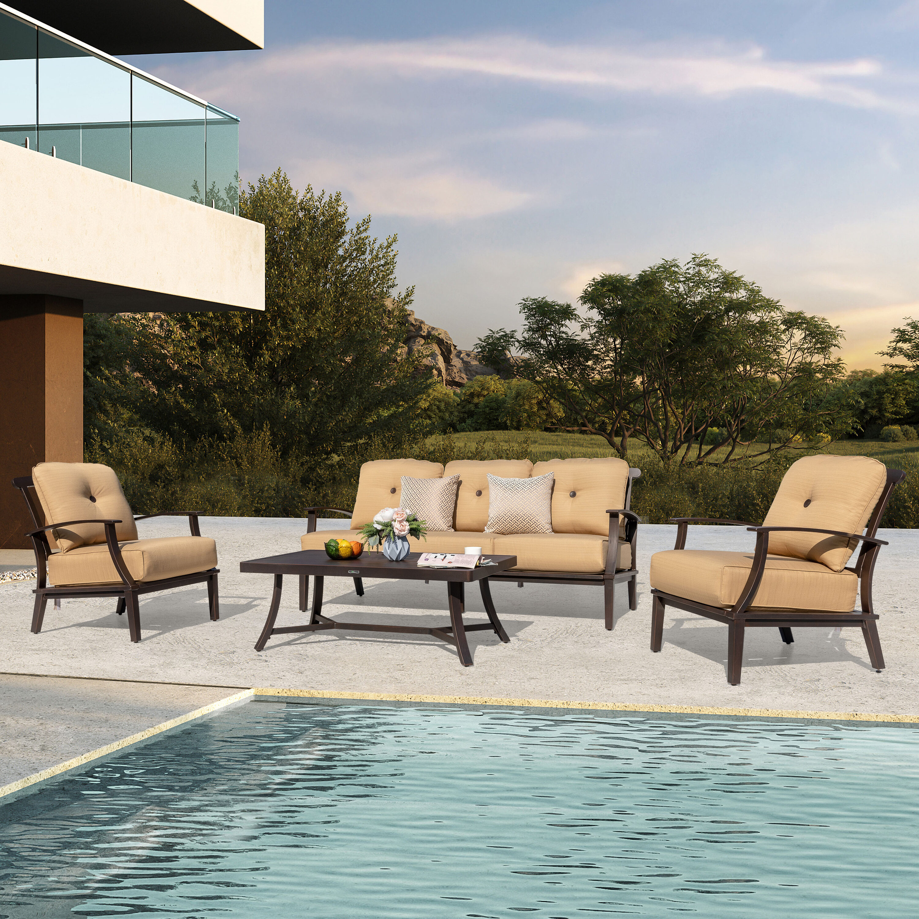 Nuu Garden SAS092-01 14 -Piece Patio Sofa Conversation Set with Brown Cushions