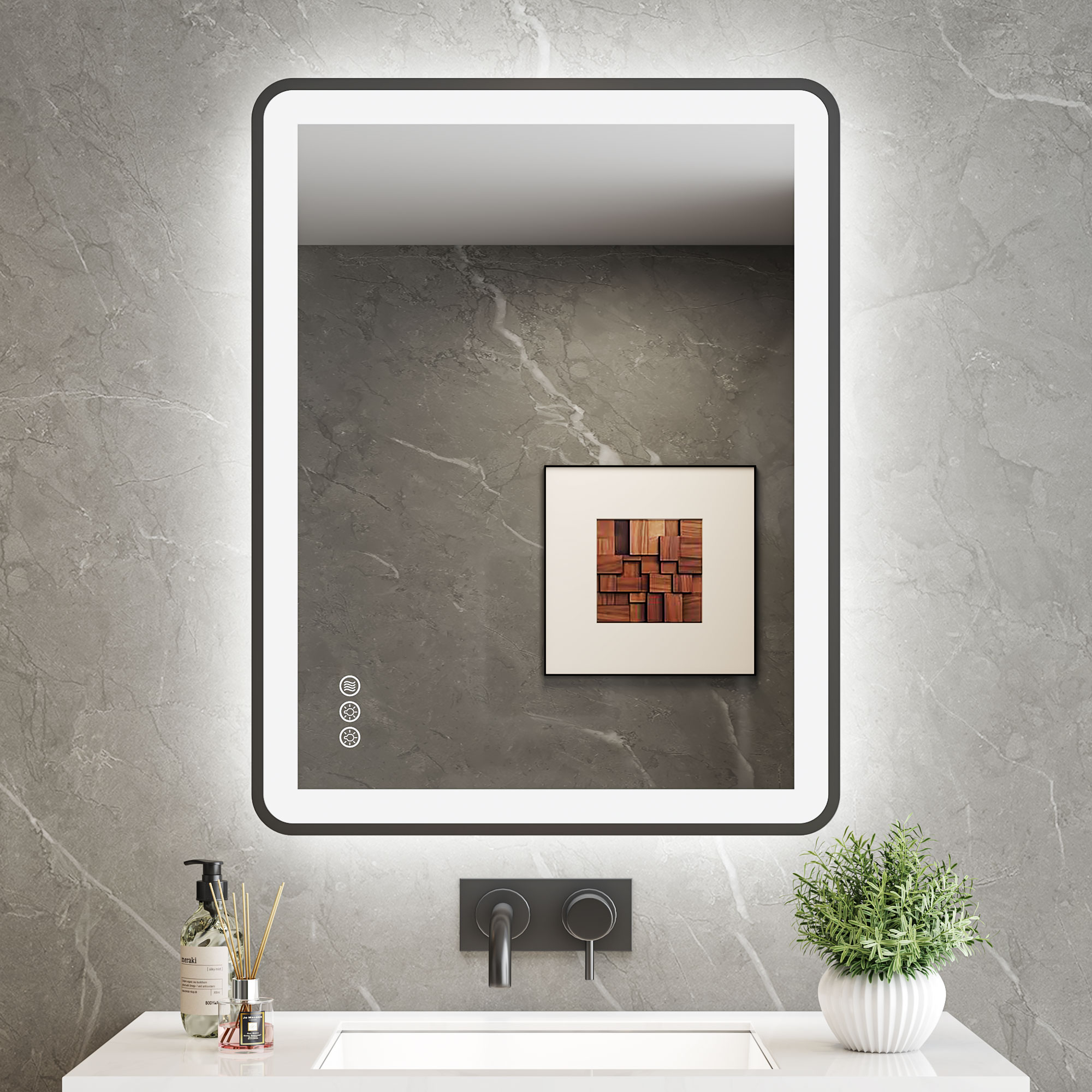 Dimelax 24-in x 32-in Framed Rectangle Frontlit and Backlit Dimmable LED Lighted Fog Free Bathroom Vanity Mirror